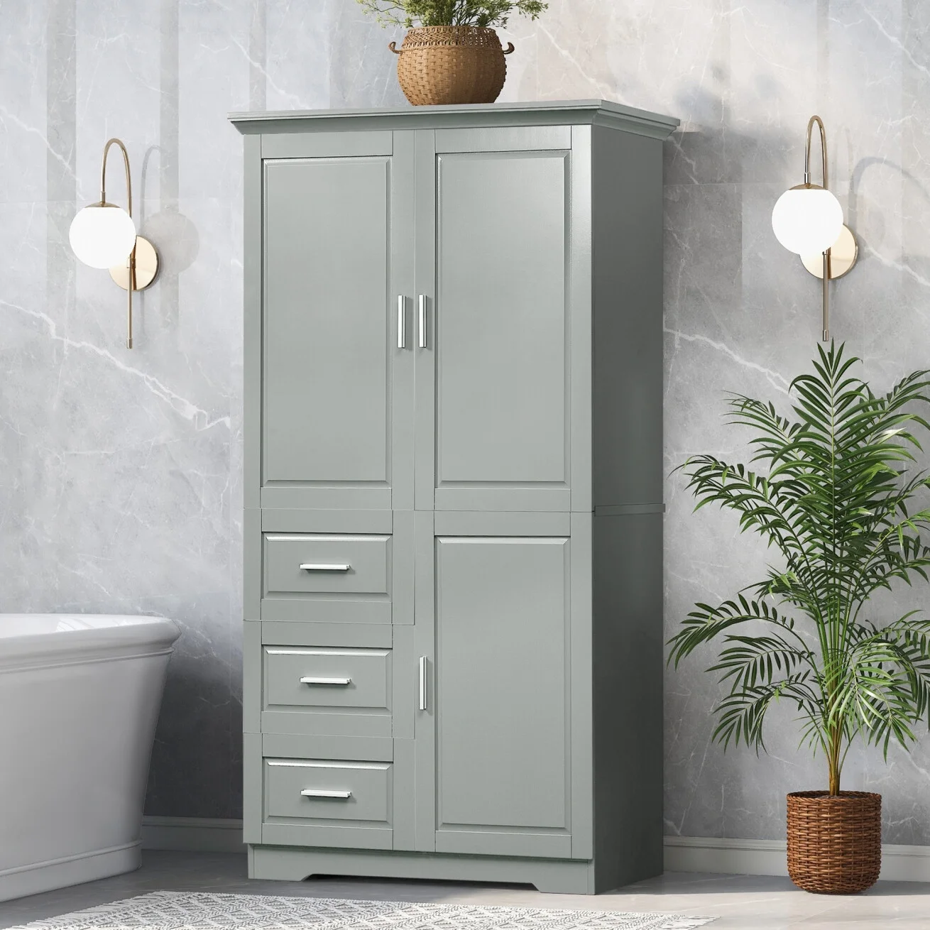 Bathroom Cabinet, 62.2" Tall Storage Cabinet with Doors and Shelves, Freestanding Linen Closet for Bathroom, Kitchen, Living Room, Grey