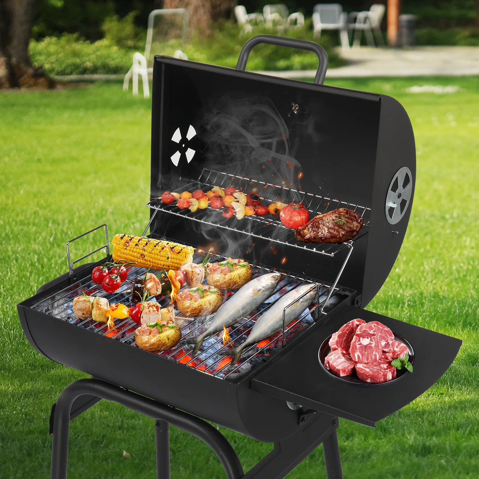 Charcoal Grills Outdoor BBQ Grill, Barrel Charcoal Grill with Side Table and Wheels, for Outdoor Backyard Camping Picnics Patio and Parties