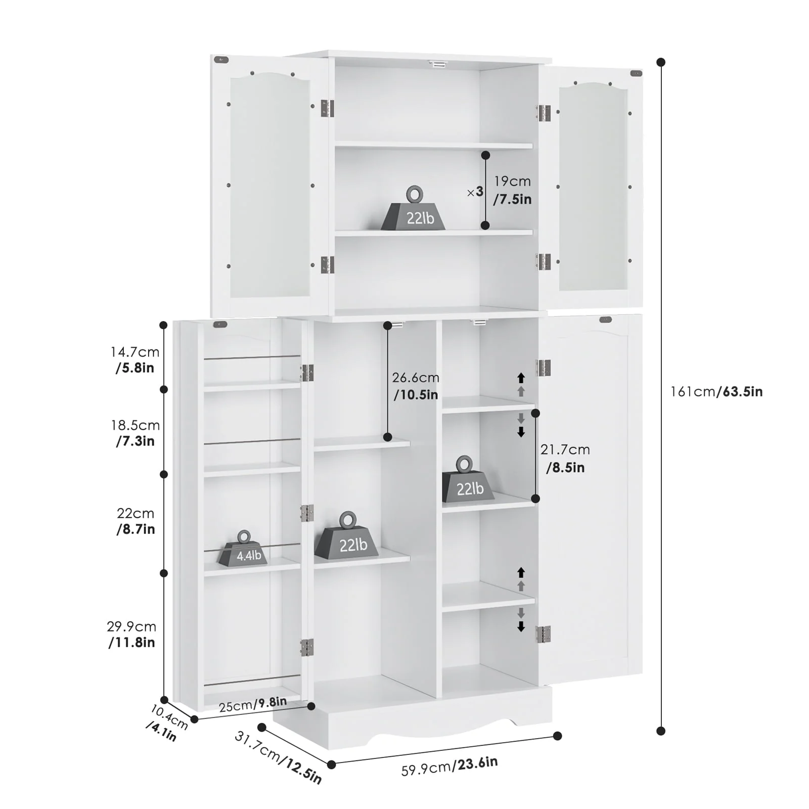 Homfa Kitchen Food Pantry Cabinet, 63.5'' Tall Storage Cabinet with Frosted Glass Doors and Adjustable Shelves, White