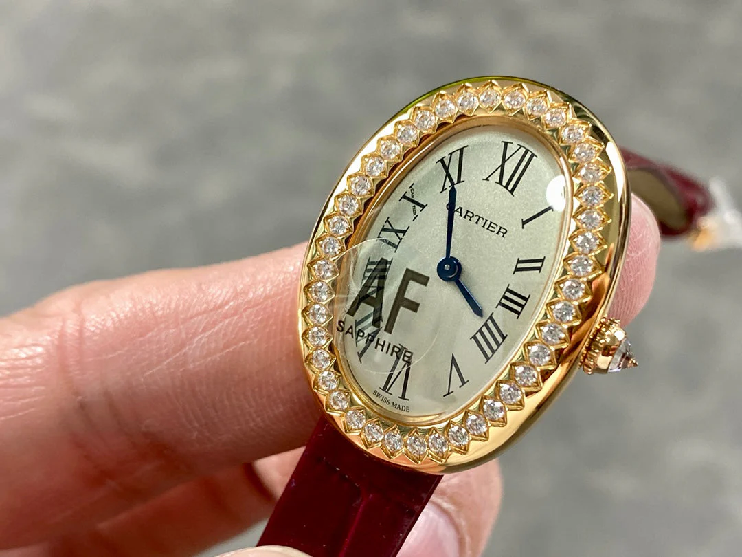 Cartier Watch Baignoire Gold Case Red Leather Strap