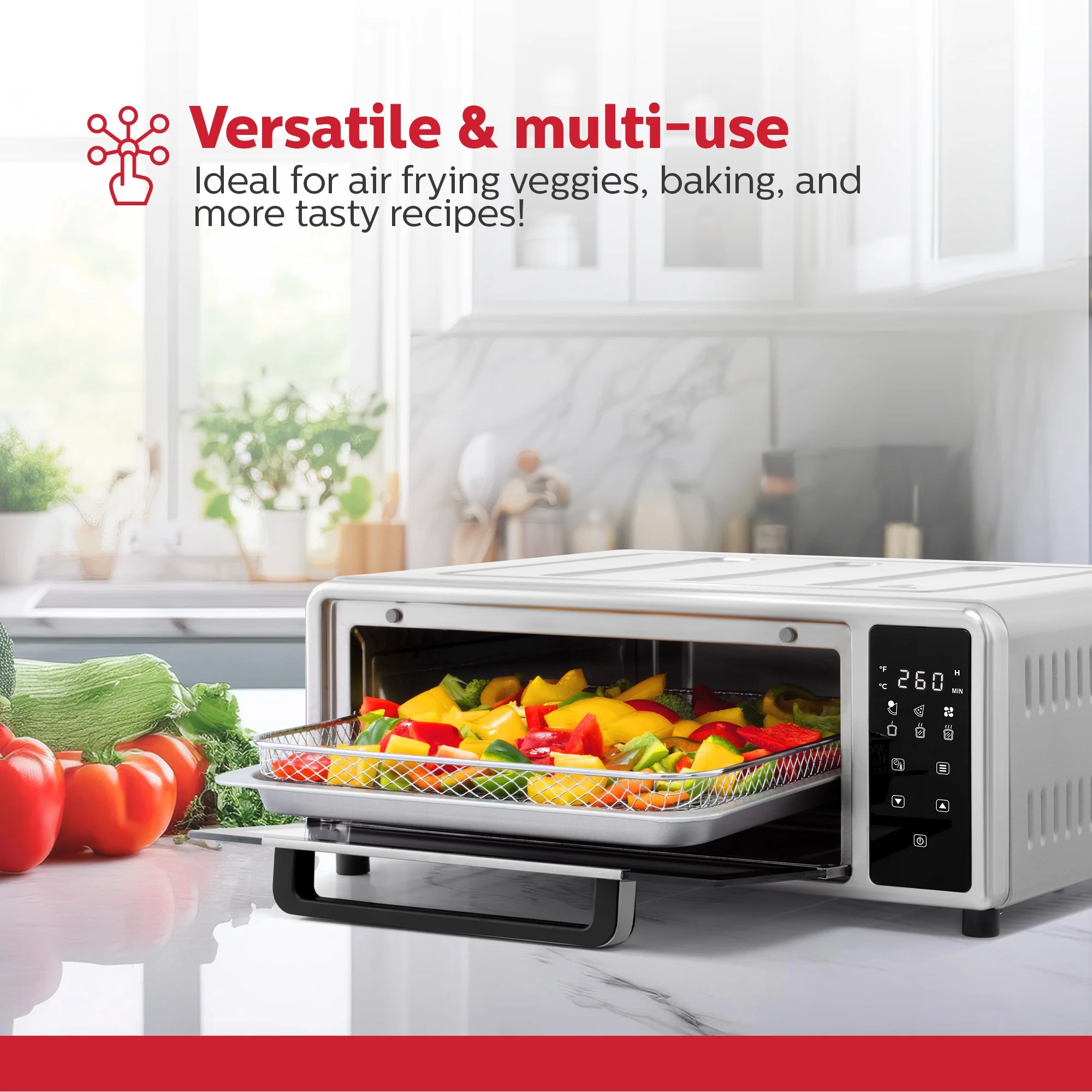 Holstein Housewares Pizza Air Fryer Oven 600?��F a?? 12-Inch Countertop Convection Oven with Air Fryer, Bake, Toast, and Broil Functions, 1700W, Compact Design for Quick Meals, Stainless Steel
