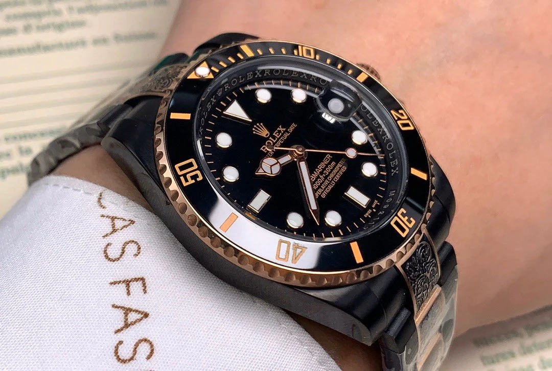 Rolex Watch SUBMARINER DATE 40 CUSTOM GOLD BLACK HAND ENGRAVED Watch