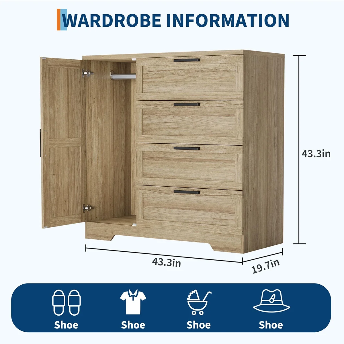 Ataucjin Wood Armoire Wardrobe Closet with 4 Drawers and Door, 43.3