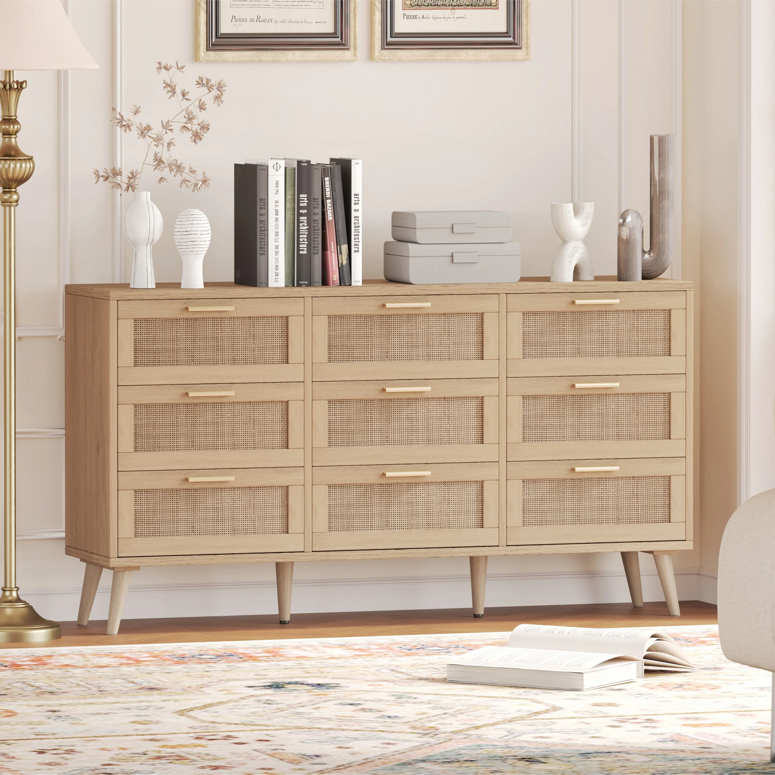 Rovaurx 9 Drawer Double Dresser for Bedroom, Rattan Chest of Dressers, Modern Wooden Dresser Chest with Golden Handles, Beside Table for Closet, Living Room and Entryway, Natural RDG002M