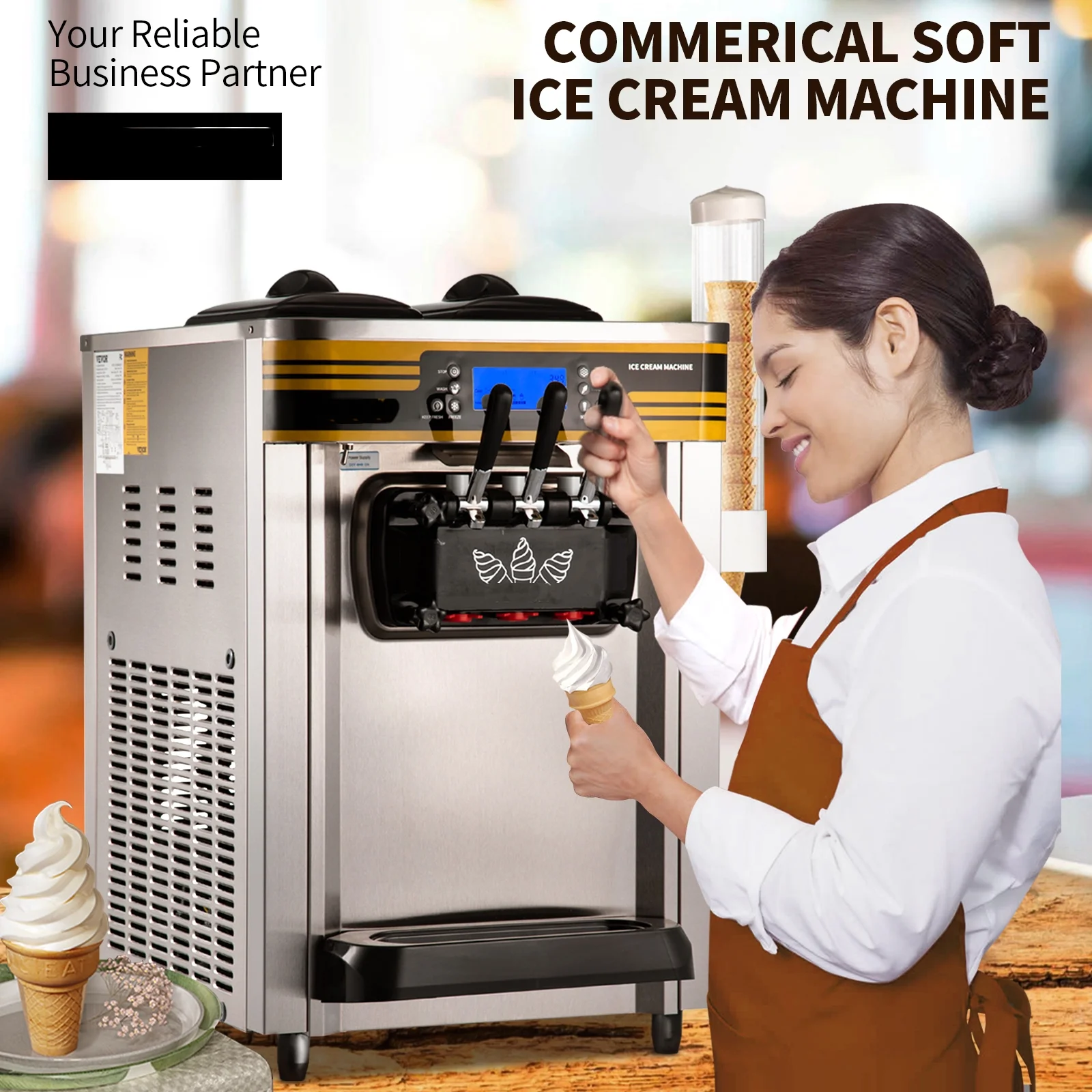 BENTISM Commercial Ice Cream Maker, 22-30L/H Yield, 2350W Countertop Soft Serve Machine w/ 2x6L Hopper 2L Cylinder LCD Panel Puffing Shortage Alarm, Frozen Yogurt Maker for Restaurant Snack Bar
