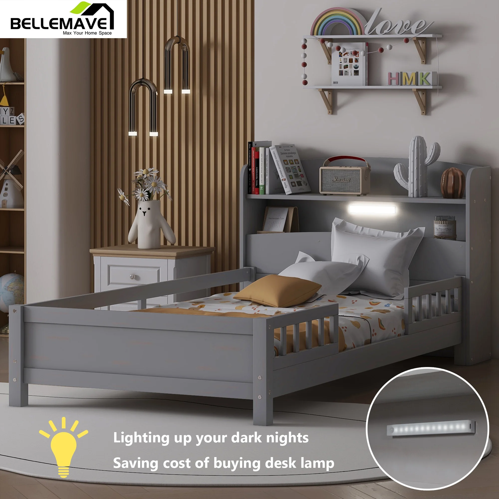 Bellemave Wood Twin Size Platform Bed with Storage Headboard and LED Light Twin Storage Bed Low Wooden Bed Frame with Full-length Guardrail and Wooden Slats for Teens, Antique Gray