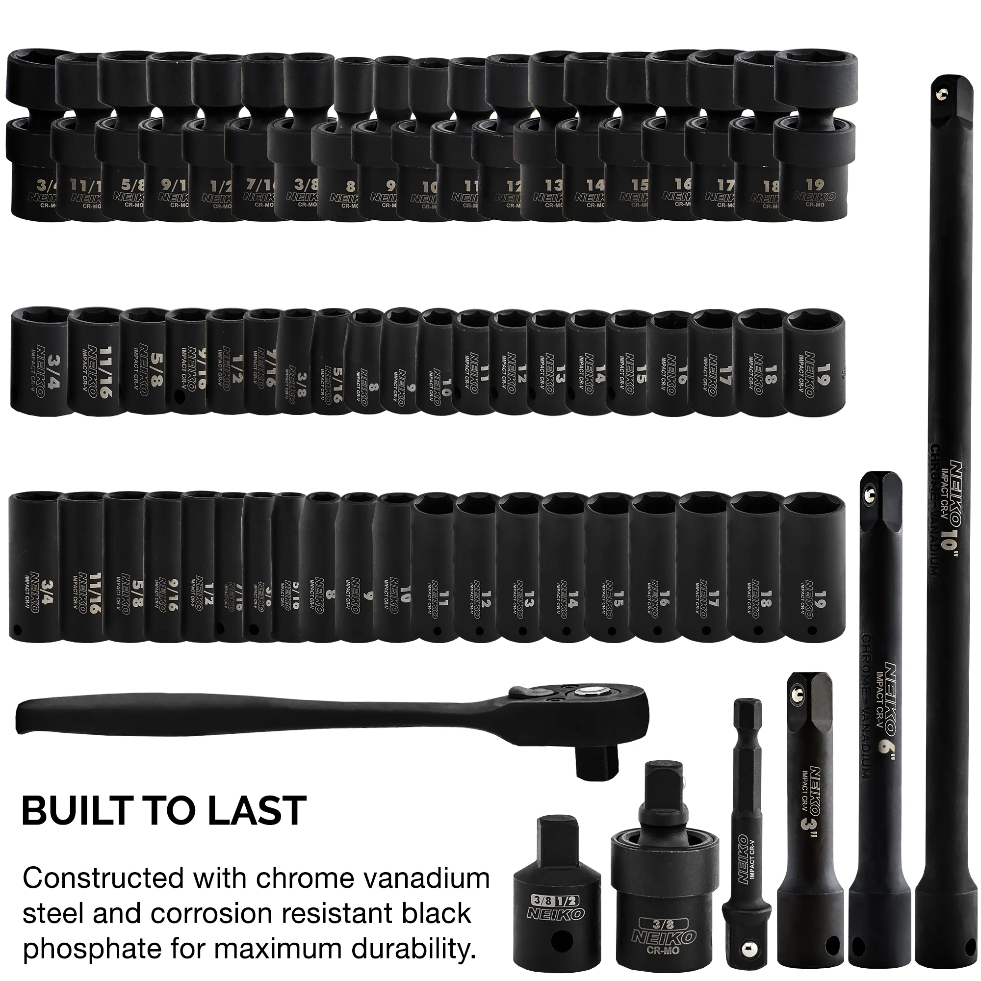 NEIKO 02471A Impact Socket Set, 3/8 Drive, 67 Piece, Metric and Standard Master Socket Set with Shallow & Deep Sockets, Ratchet, Swivel Sockets, Extension Bars, Adapters, Cr-V & Cr-Mo