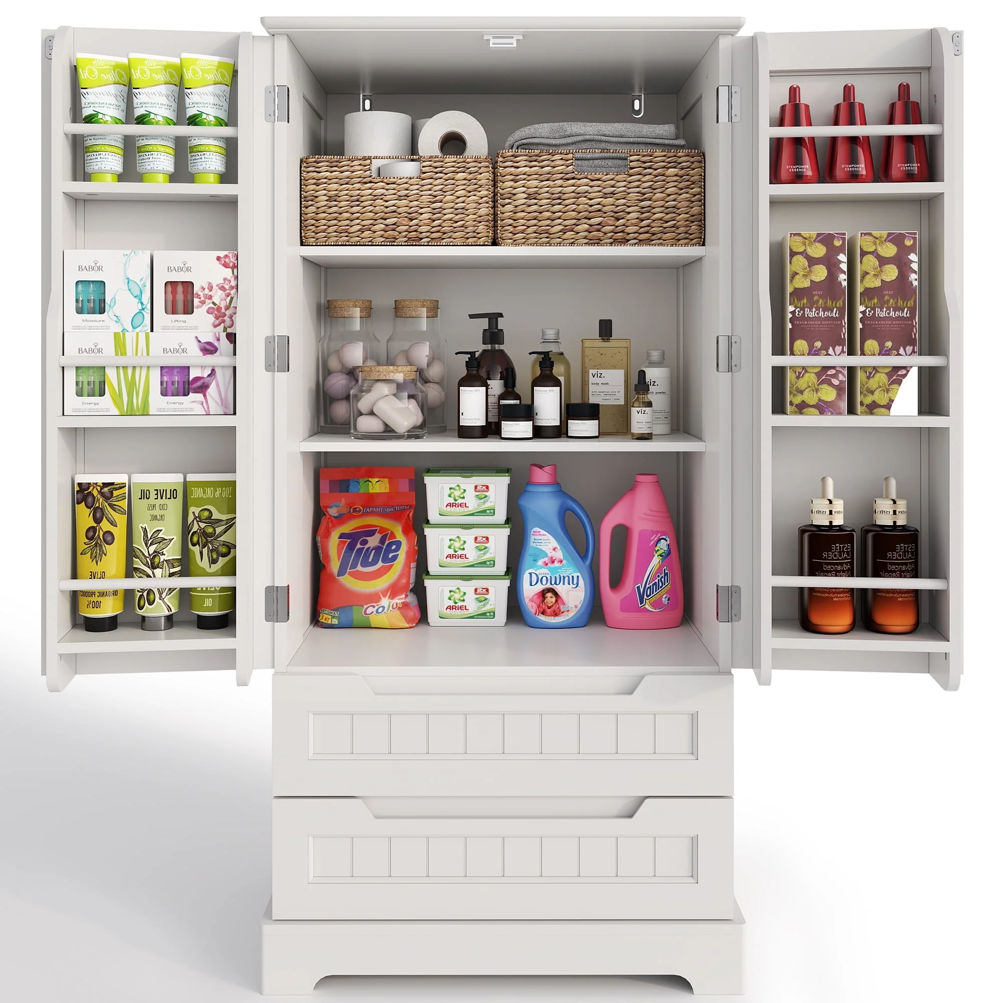Pantry Cabinet, Lofka 47" Kitchen Pantry Storage Cabinet with 2 Shelves, Drawers, White