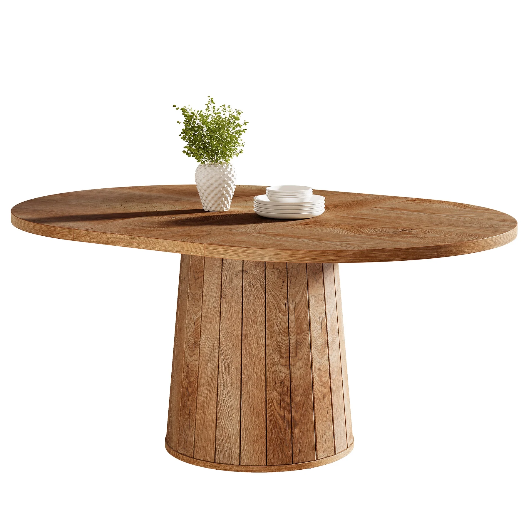 Tribesigns Oval Dining Table for 6 People, 55.11-Inch Farmhouse Kitchen Dinner Table with Cylindrical Pedestal (Brown)