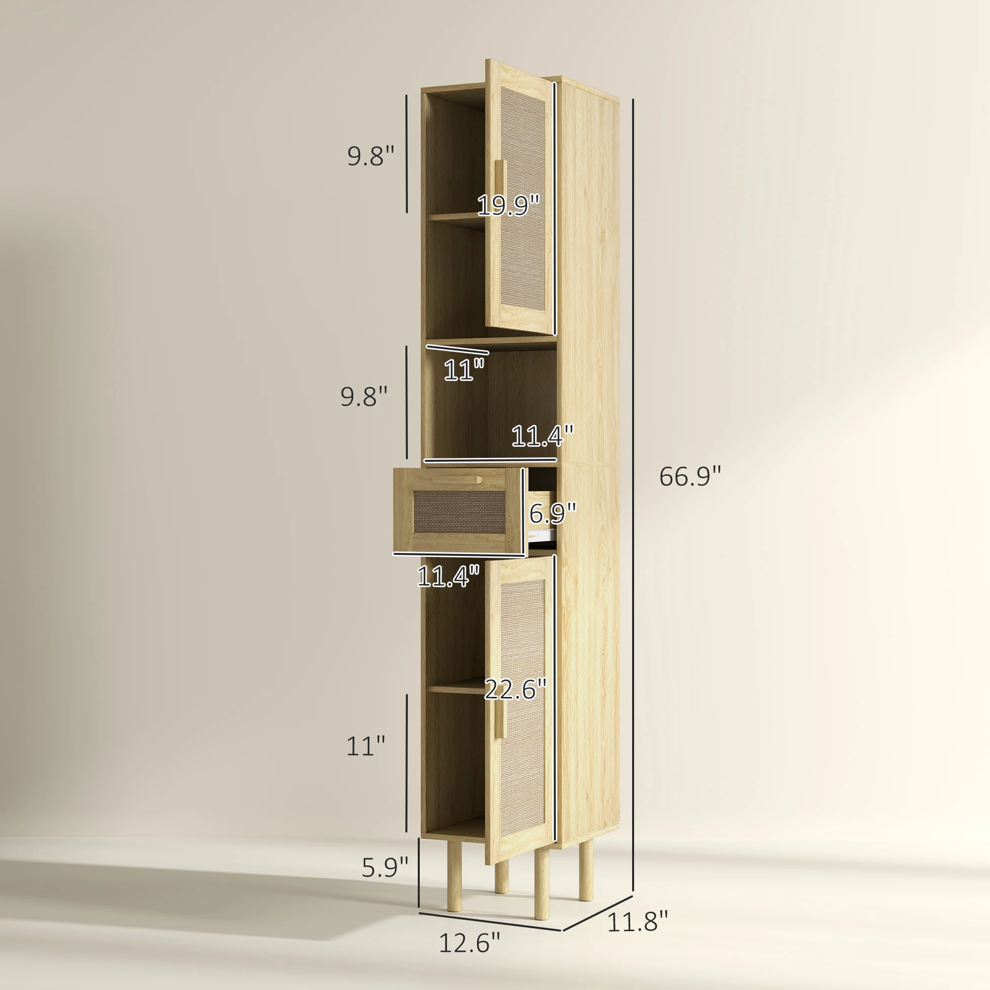 HOMCOM Tall Bathroom Storage Cabinet with Rattan Doors, Distressed Oak