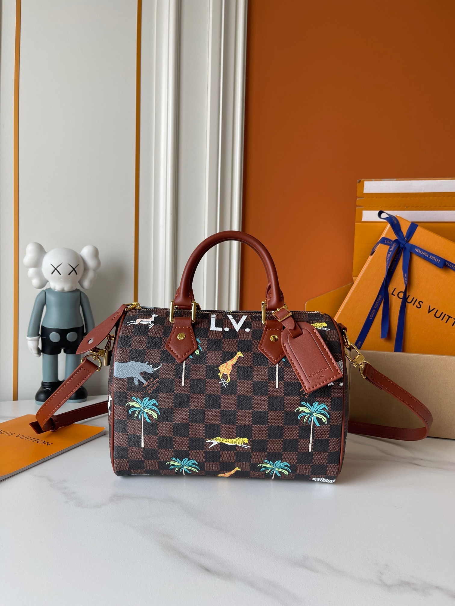 LV Speedy 25 Damier Ebene Safari Jungle Animal Printed Boston Top Handle Bag