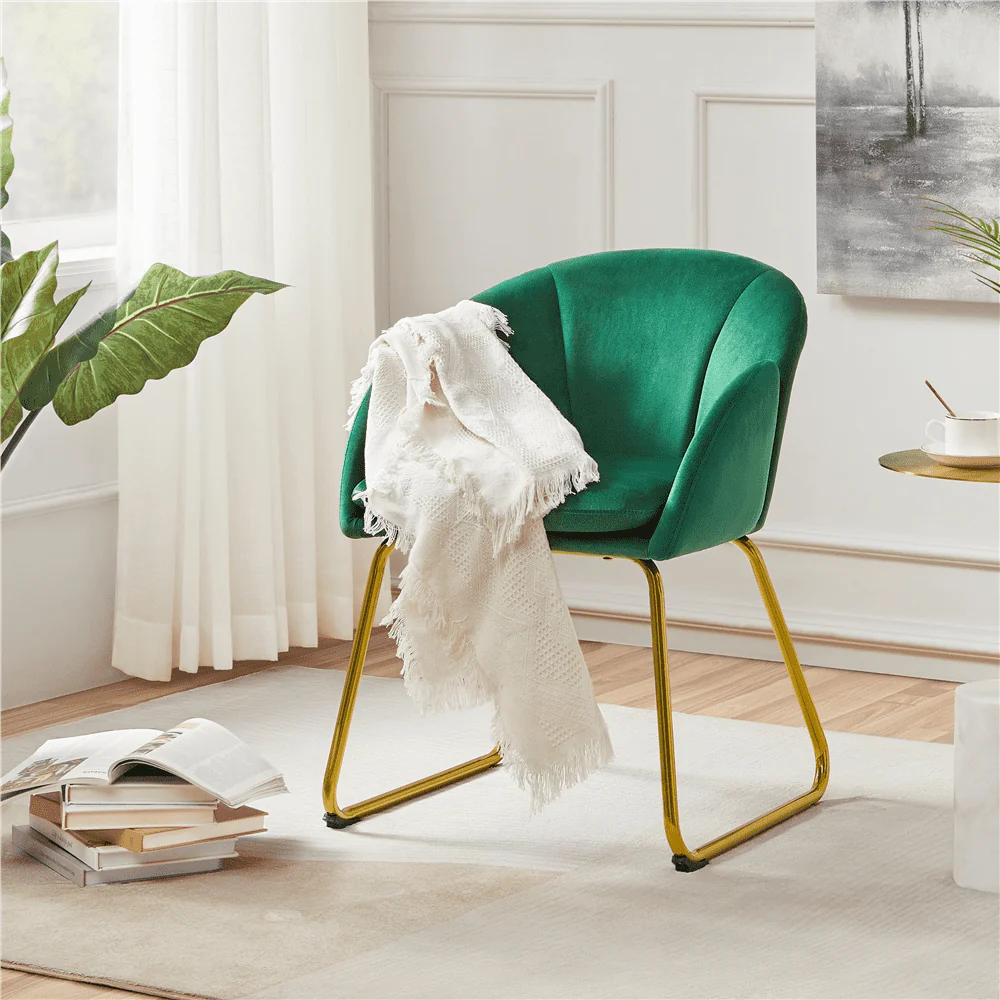 Yaheetech Flower Shape Velvet Armchair Dining Chair with Golden Metal Legs for Living Room, Green