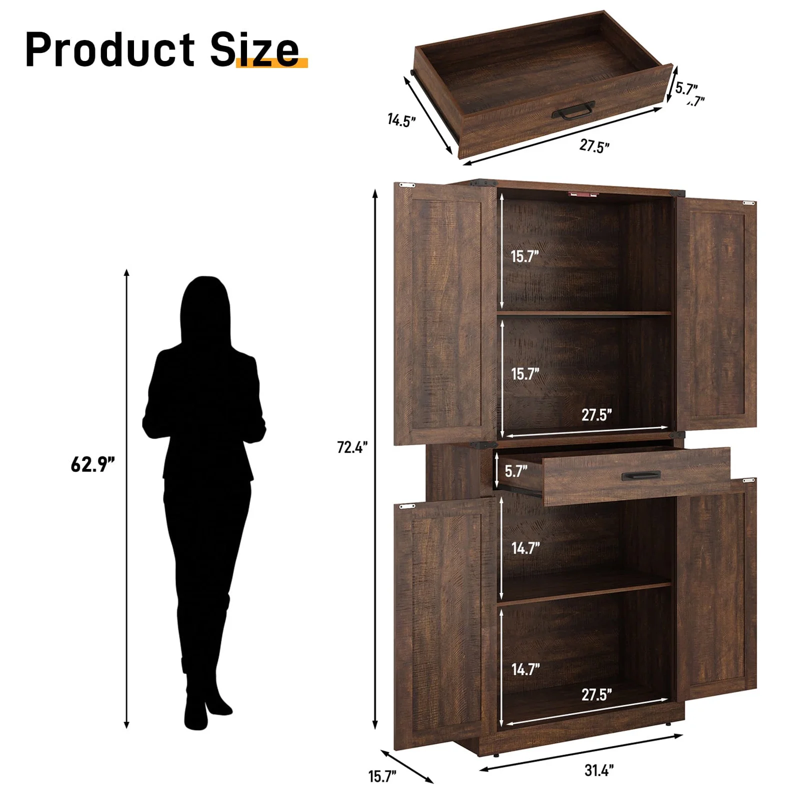 72" Tall Kitchen Pantry, Farmhouse Pantry Cabinet with 1 Drawer & 4 Layer Adjustable Shelves, Rustic Wood Storage Cupboard with Metal Load-Bearing Pipe for Kitchen Bathroom Living Room Hallway