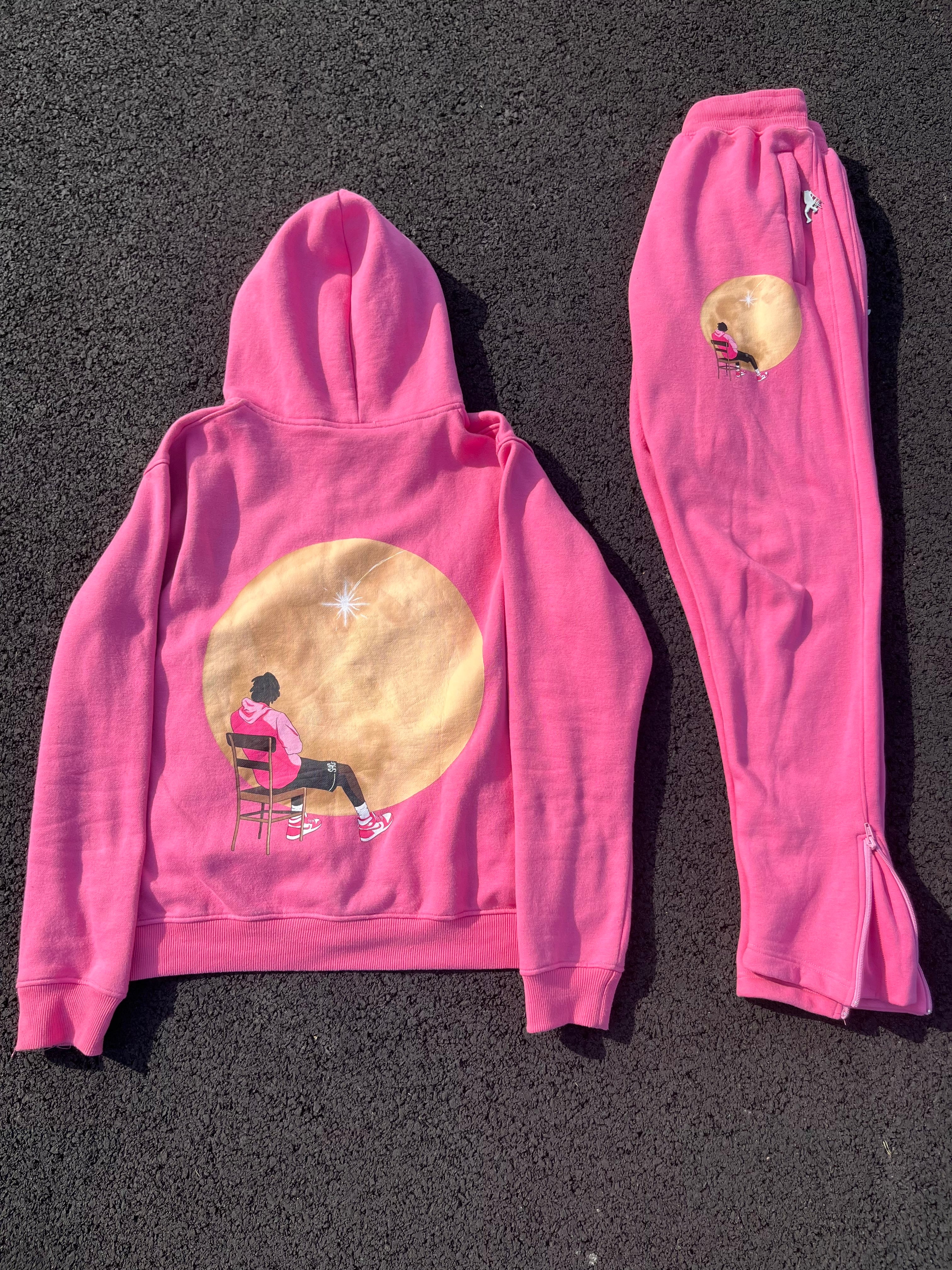 Hip-hop contrast color fashionable casual hoodie set (Pink)