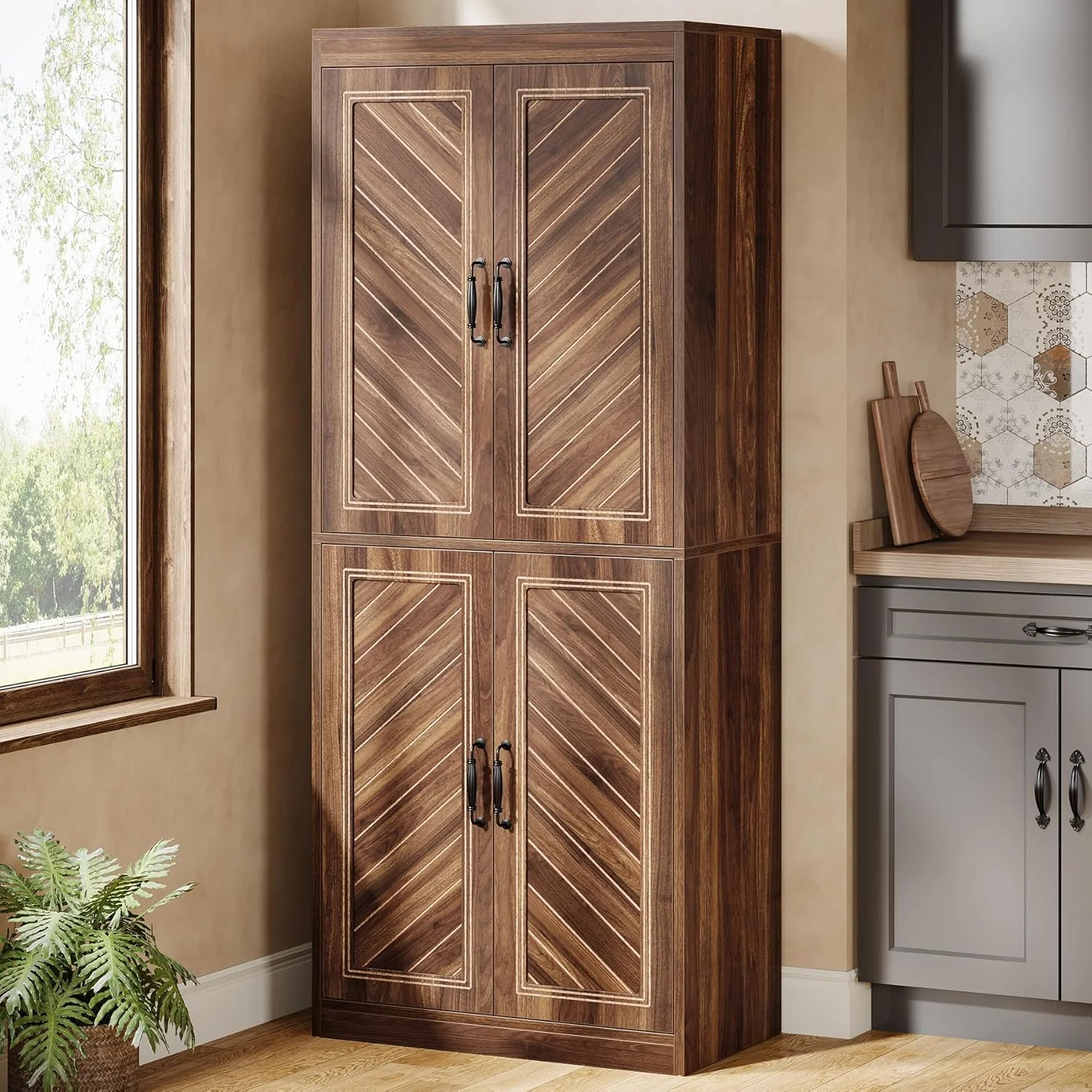 Tribesigns 69" Tall Kitchen Pantry Cabinet, Farmhouse Style Storage Cabinet with Adjustable Shelves, Rustic Wood Cupboard for Kitchen, Dining Room, Brown