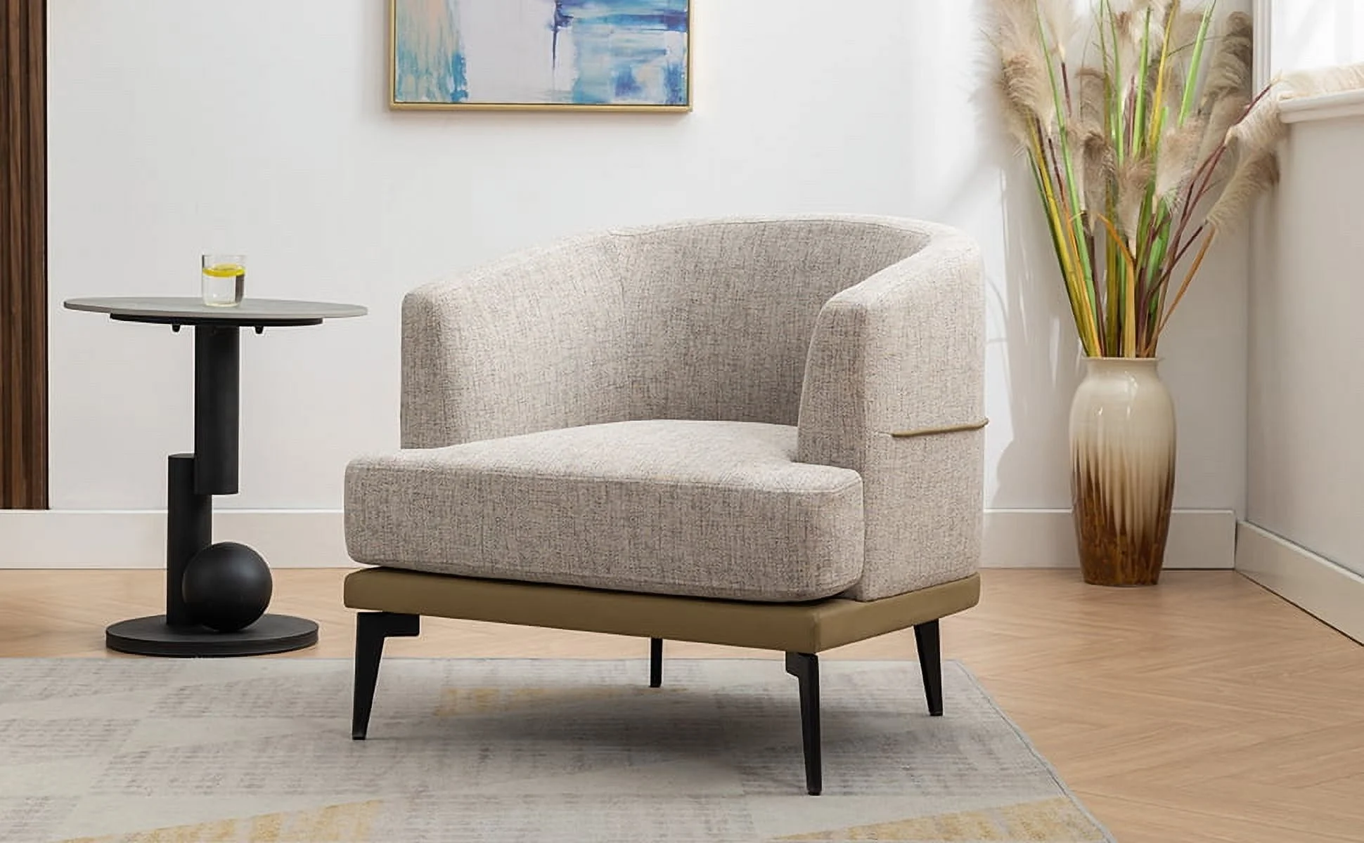 Euroco Modern Oversized Round Armchair, Linen & PU Leather, Two-tone with Metal Legs, Mustard Green