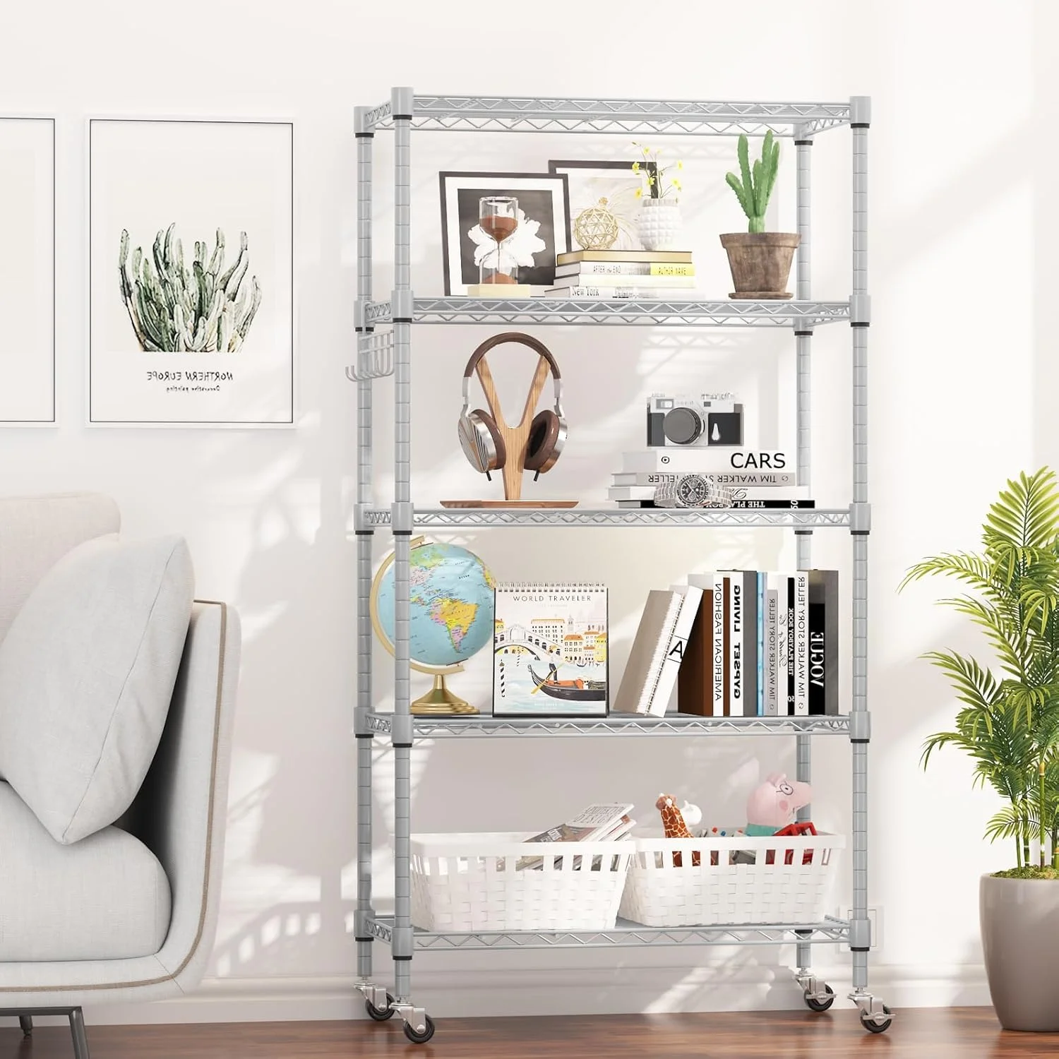 5-Tier Storage Shelf Wire Shelving Unit on Wheels, Adjustable Heavy Duty Metal Shelves with Side Hooks, Steel Rack Organization for Kitchen Garage Basement, Silver