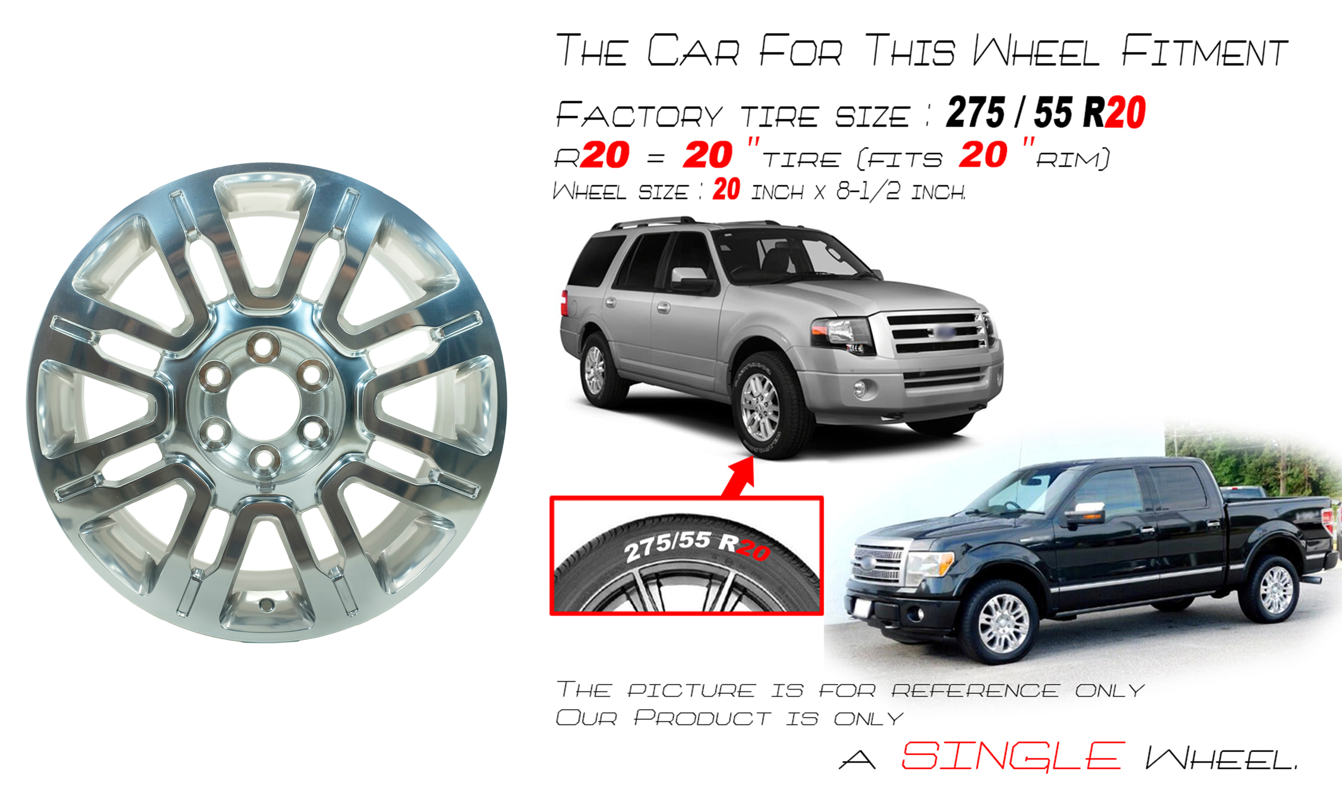 20" 20x8.5 New Single Polished Alloy Wheel For 2009-2014 Ford F150 EXPEDITION OEM Design Replacement Rim