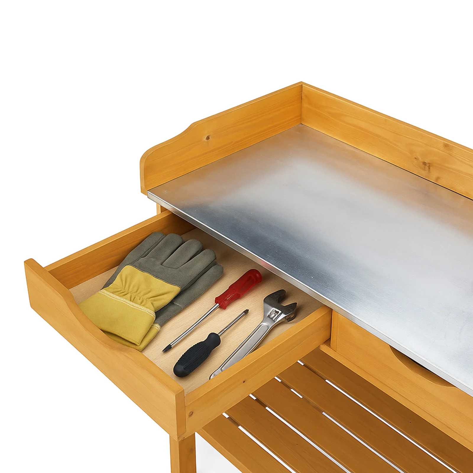 Outdoor Garden Potting Bench Table C Wooden Planting Workstation with Metal Tabletop, Drawers & Storage Shelf