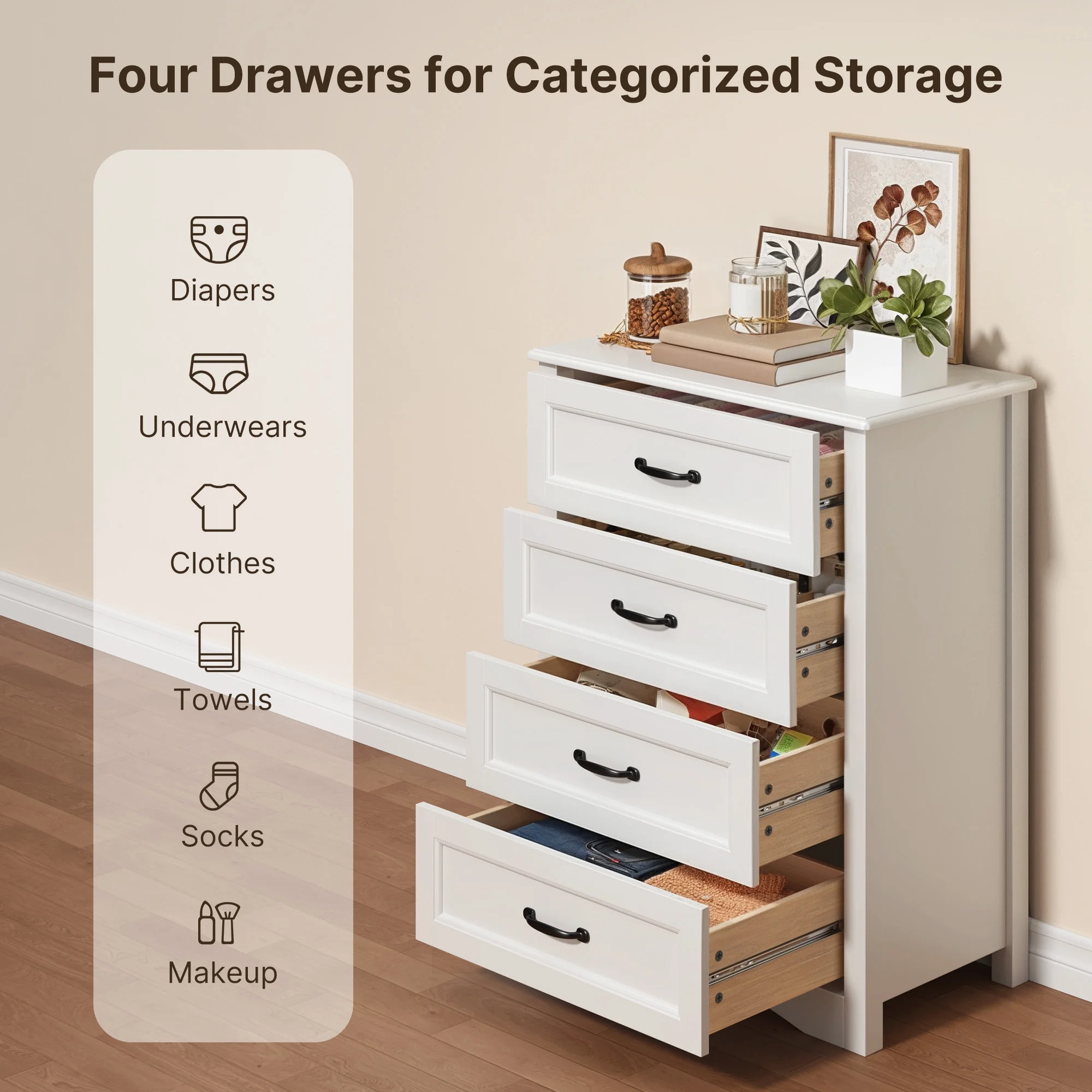 Dressers for Bedroom, 4 Drawers Dresser with Textured Metal Handles,  Wood Storage Cabinet for Living Room, White