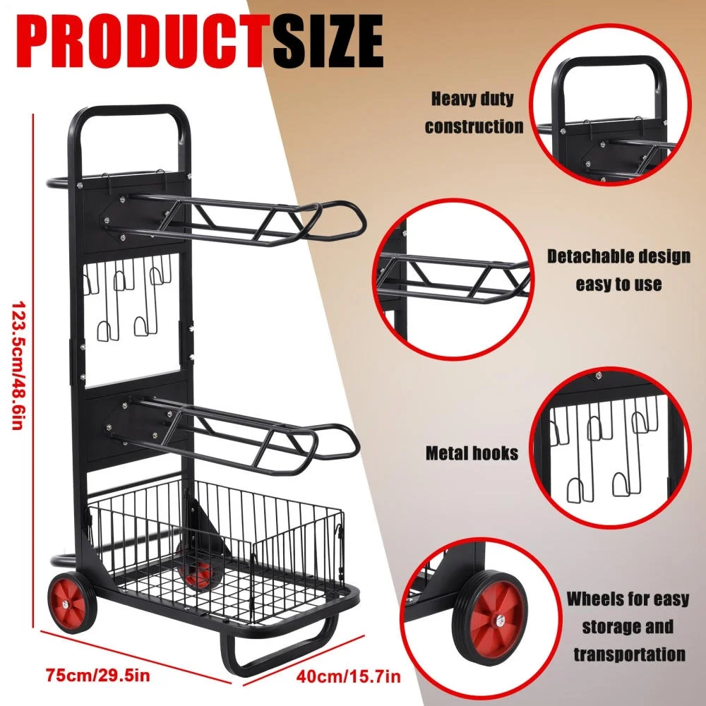 WAASOSCON Heavy-Duty Metal Saddle Rack 66lbs Capacity, 29.5x48.6in Rolling Cart with 2 Racks & 5 Hooks for Stable & Horse Farm Storage