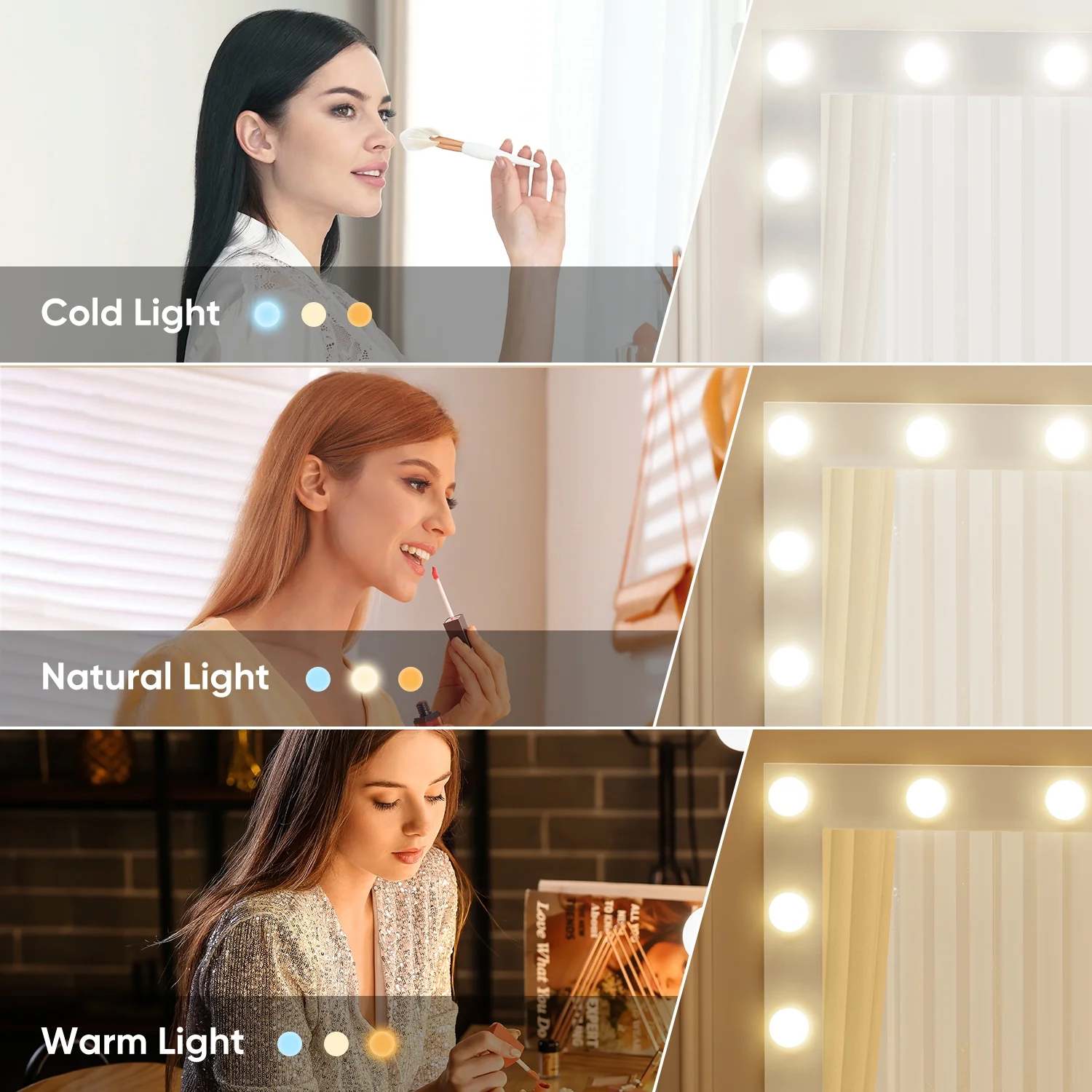 Cottinch Vanity Desk 3 Color Lighted Mirror,Makeup Dressing Table with 4 Drawers and Storage Shelves,2 Outlets,2 USB Ports,White