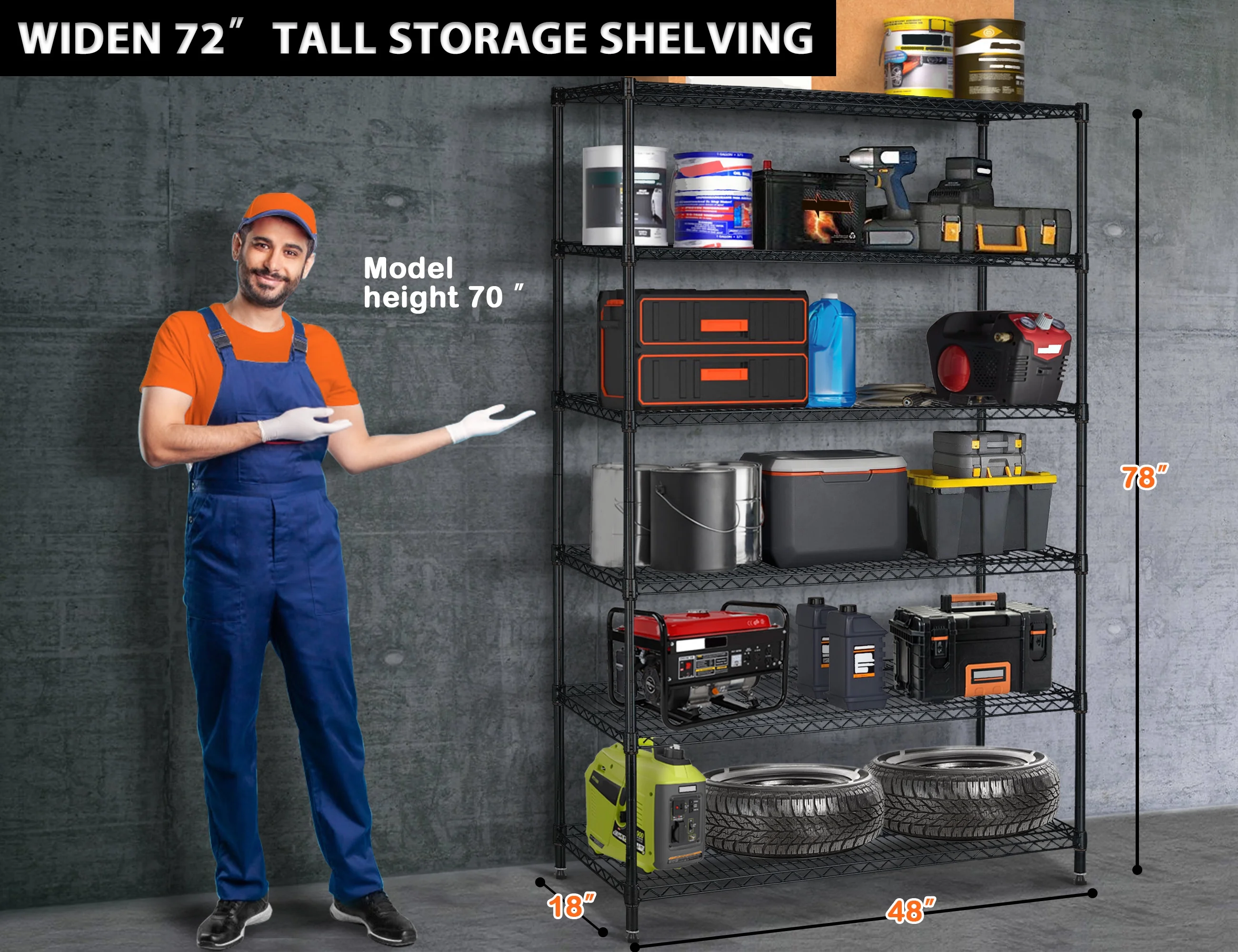 YRLLENSDAN 6000LBS Capacity Garage Shelves and Storage on Wheels, Heavy Duty 6 Tier Metal Shelves with Wheels for Garage Adjustable Wire Shelving Unit Rack for Kitchen, Black