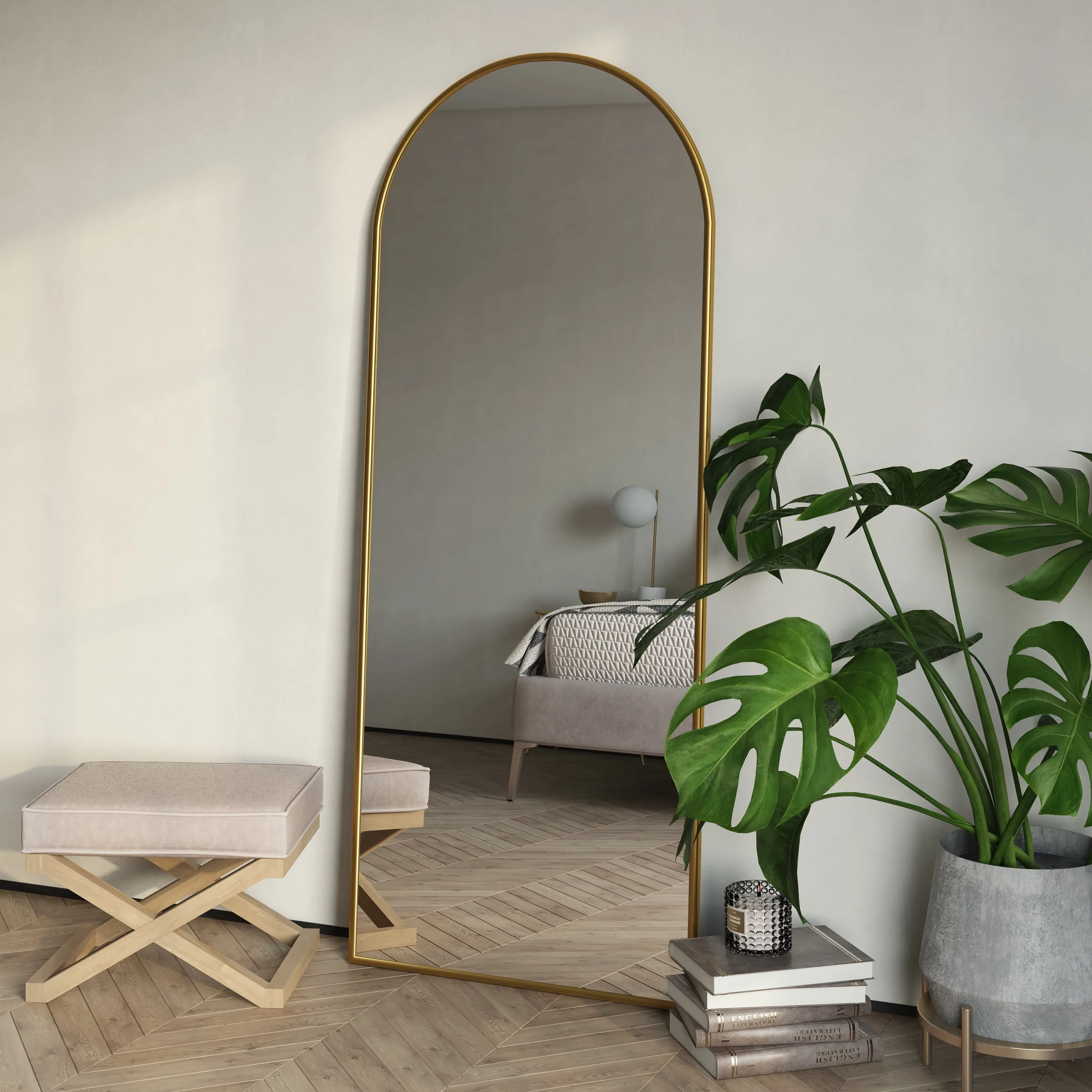 Nadia Arch Gold Metal 70"x28" Modern Floor Mirror