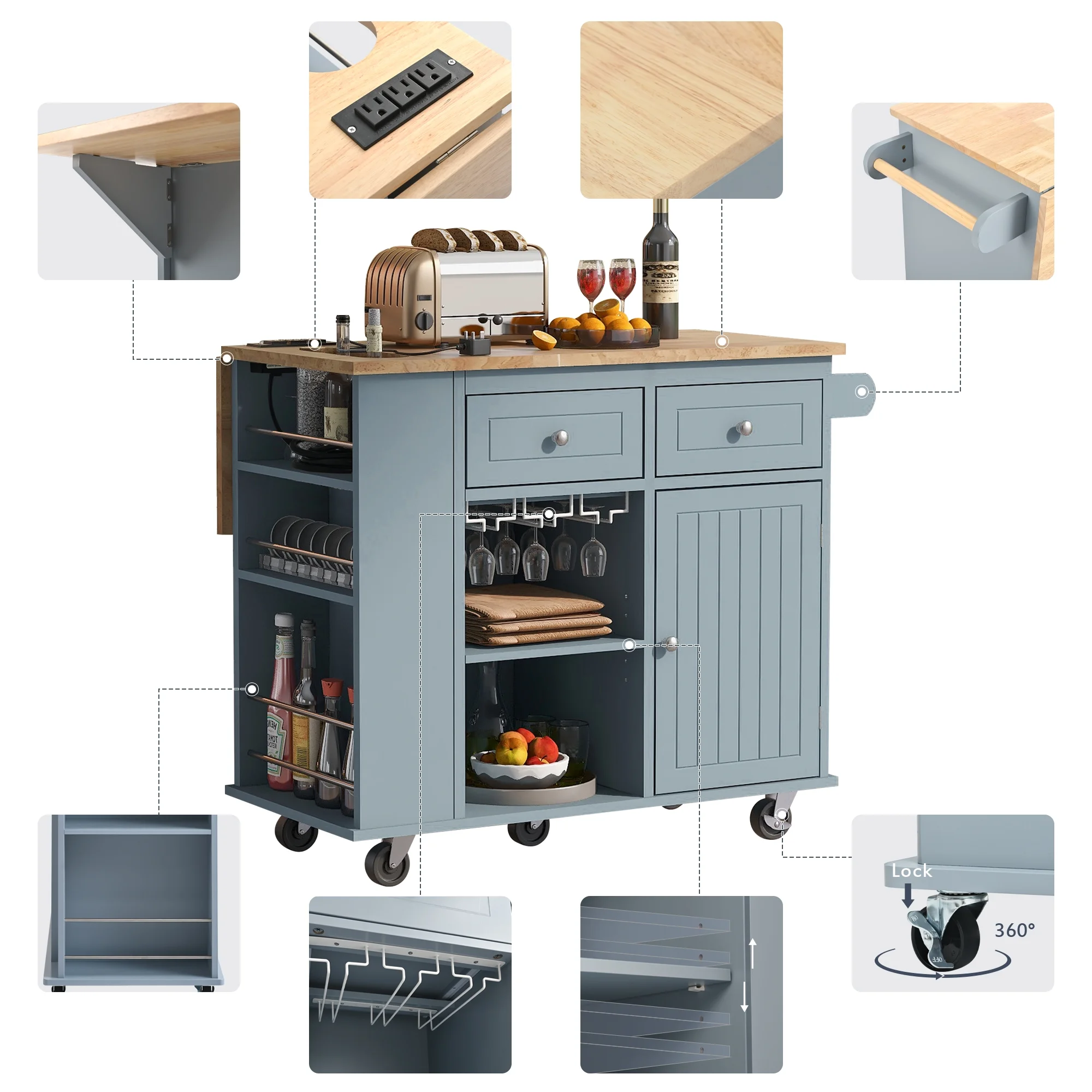 Harper & Bright Designs Kitchen Island with Power Outlet, Rolling Kitchen Cart with Drop Leaf and Wheels, Open Storage and Wine Rack for Dining Room, Blue