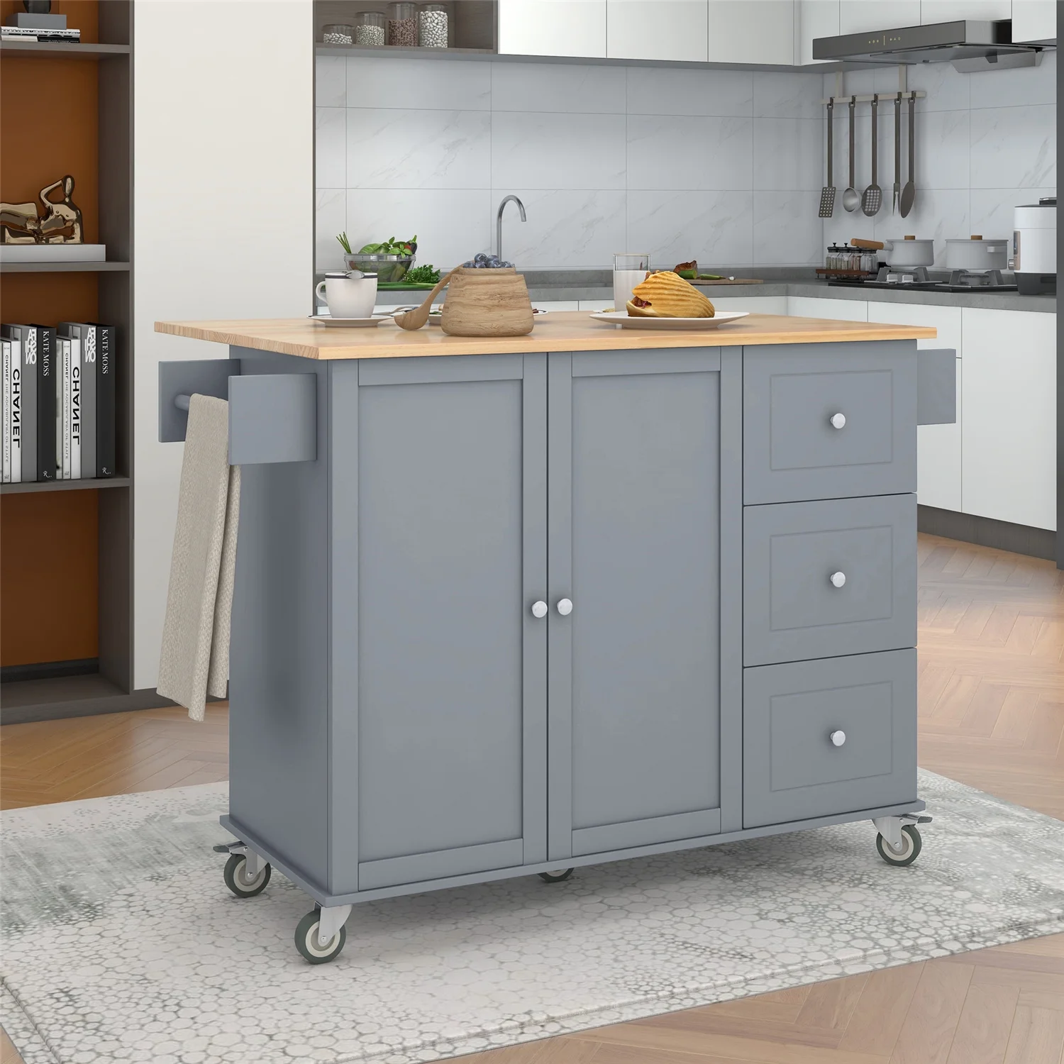 Kitchen Island Cart with Foldable Drop-Leaf Tabletop and Locking Wheels, 52.7