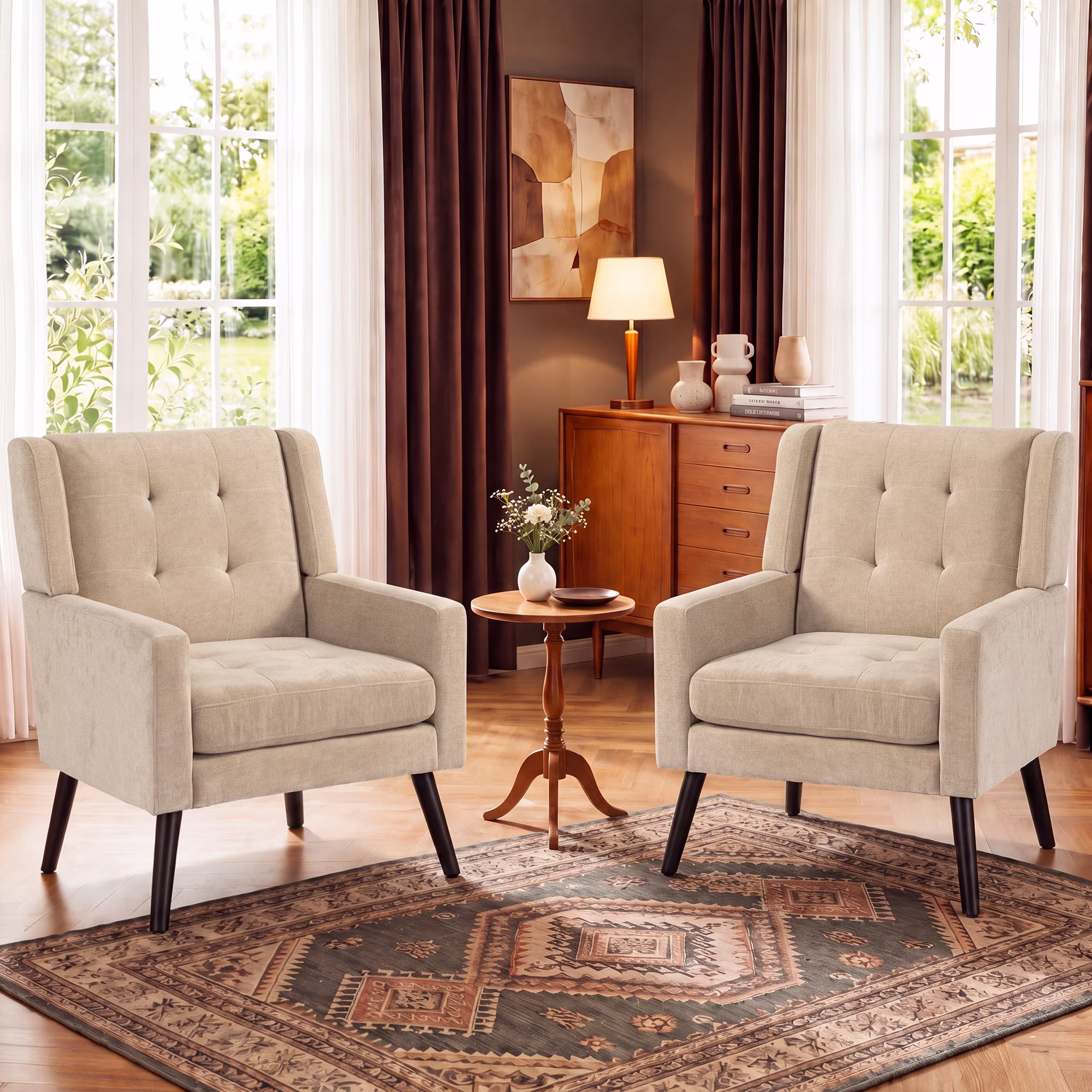 Wansaly Modern Tufted Accent Chairs, Linen Upholstered Armchairs with Solid Wood Legs, Set of 2, Yellow, for Living Room, Bedroom, Office