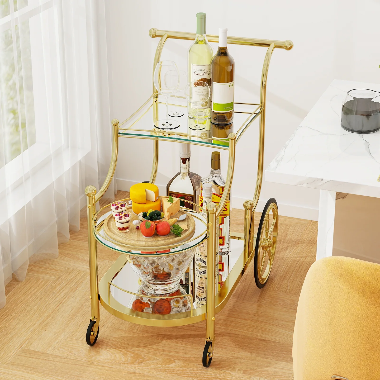 Gymax 3-Tier Home Bar Serving Cart on Wheels w/ Mirrored Shelves for Kitchen