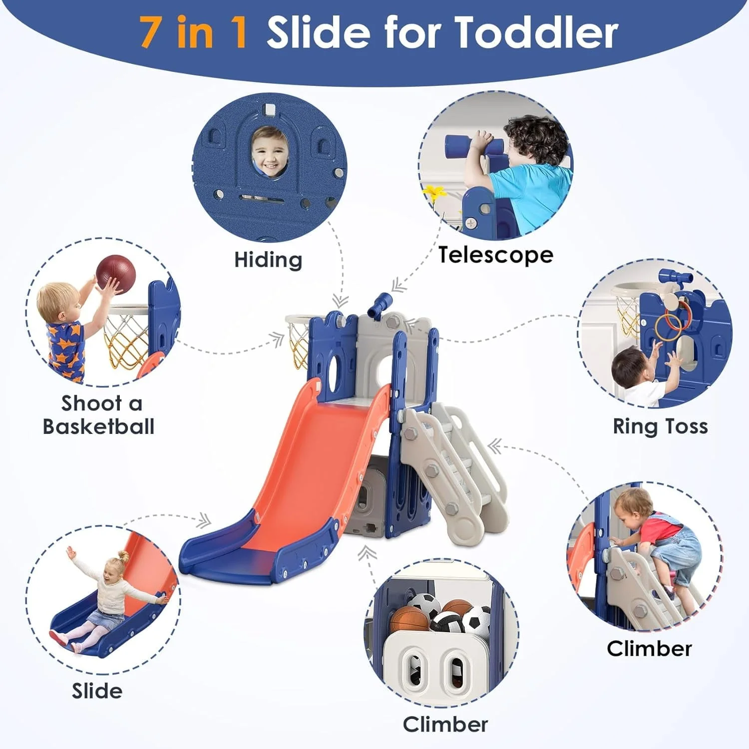 Suteck 7 in 1 Toddler Slide, L-Shaped Kids Slide for Toddlers Age 1+ with Basketball Hoop and Ball, Ring Toss, Storage Space