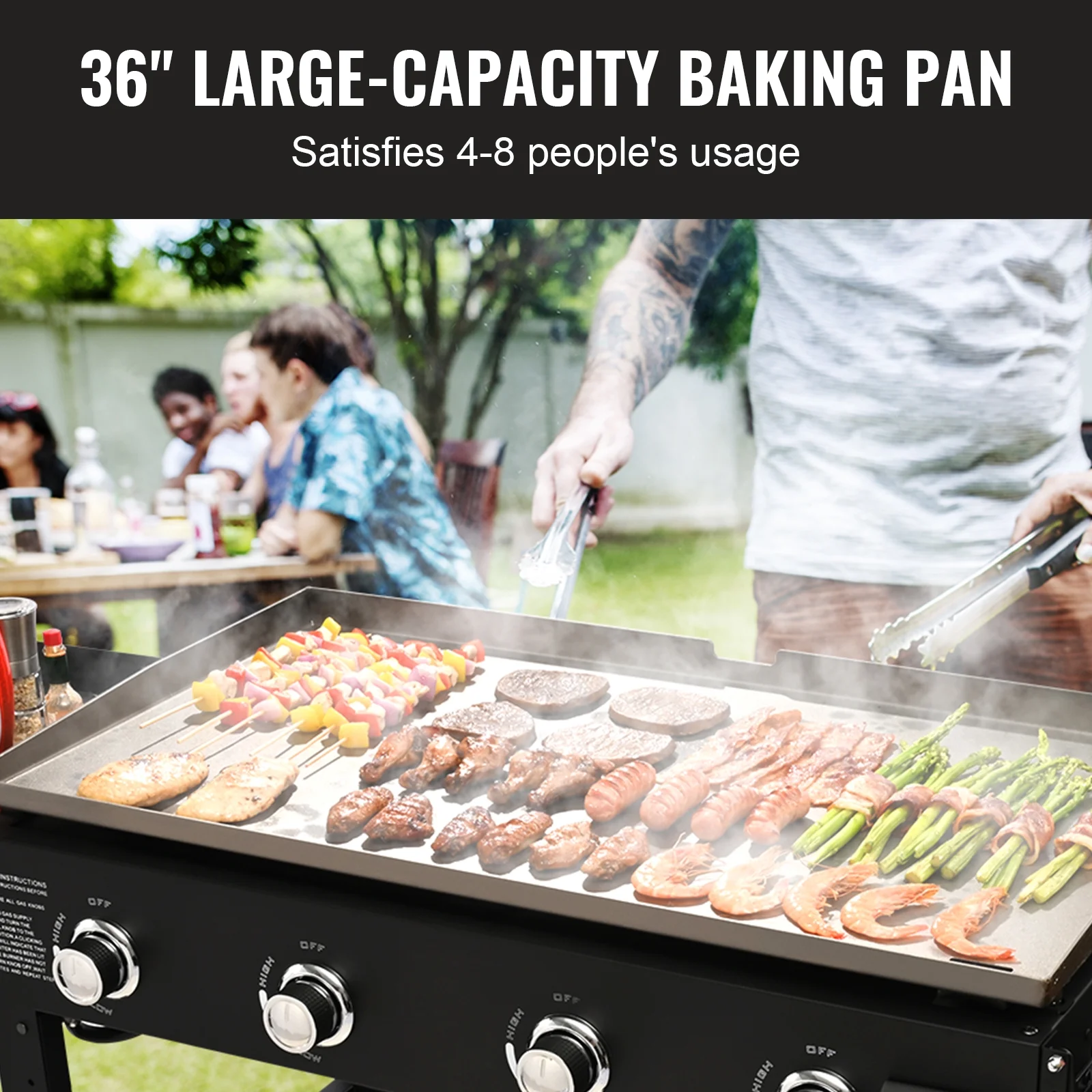 KFFKFF Business-Grade Cart Griddle, 36" Robust Manual Flat Top Griddle, Exterior Cookery Station with Auxiliary Shelves, Steel Natural Gas Griddle, 4-Burners Diner Movable Verified to Meet Standards