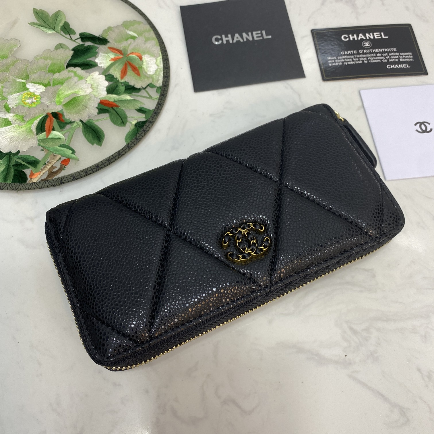 Chanel Boy Zip Around Wallet Quilted Caviar Long-Fishseed Pattern Gold Wallet