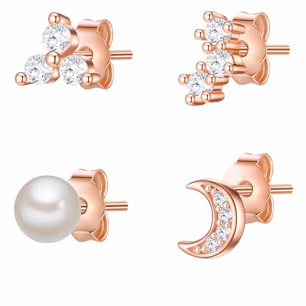 Ohrstecker Halbmond Sterling Silber Zirkonia Süßwasser-Zuchtperle in Roségold