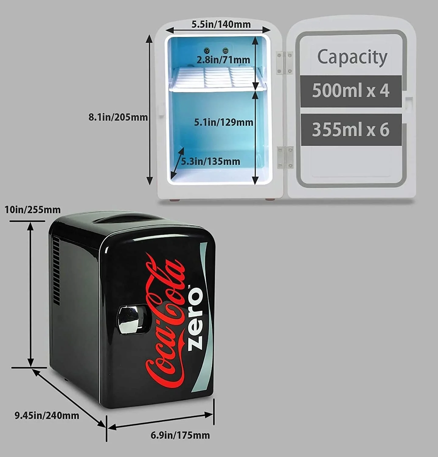 Coca-Cola Coke Zero 4L Portable Cooler/Warmer, Compact Personal Travel Fridge for Snacks Lunch Drinks Cosmetics, Includes 12V and AC Cords, Desk Accessory for Home Office Dorm Travel, Black