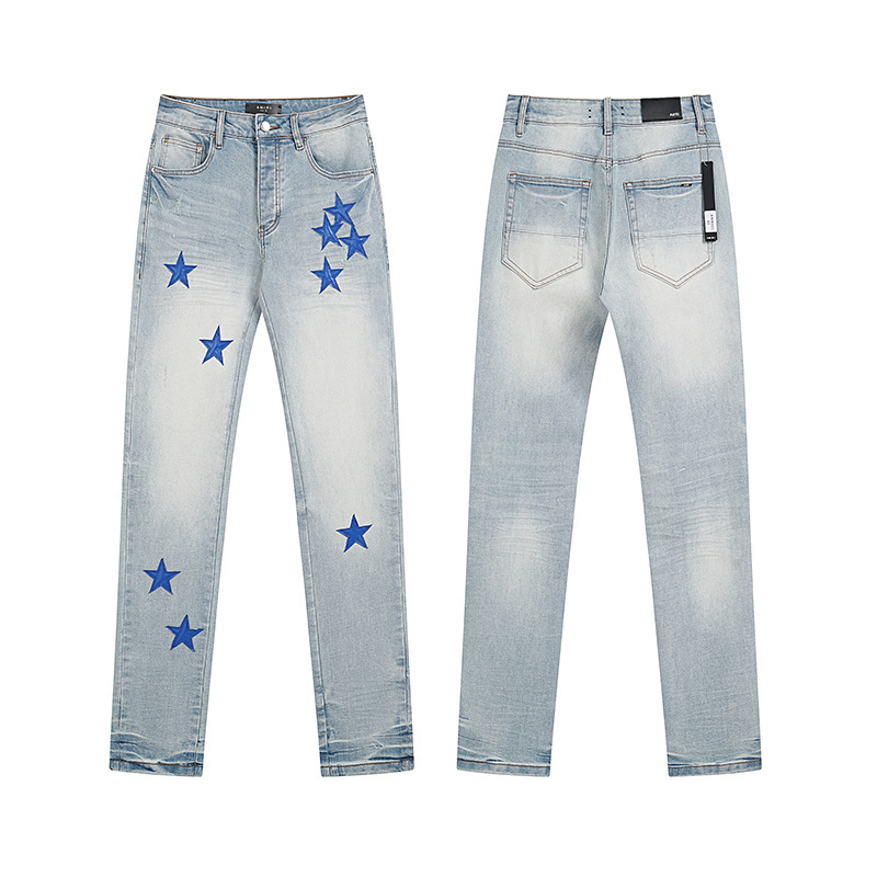 Blue stars embellishing the fitted stretch denim pants for petite legs