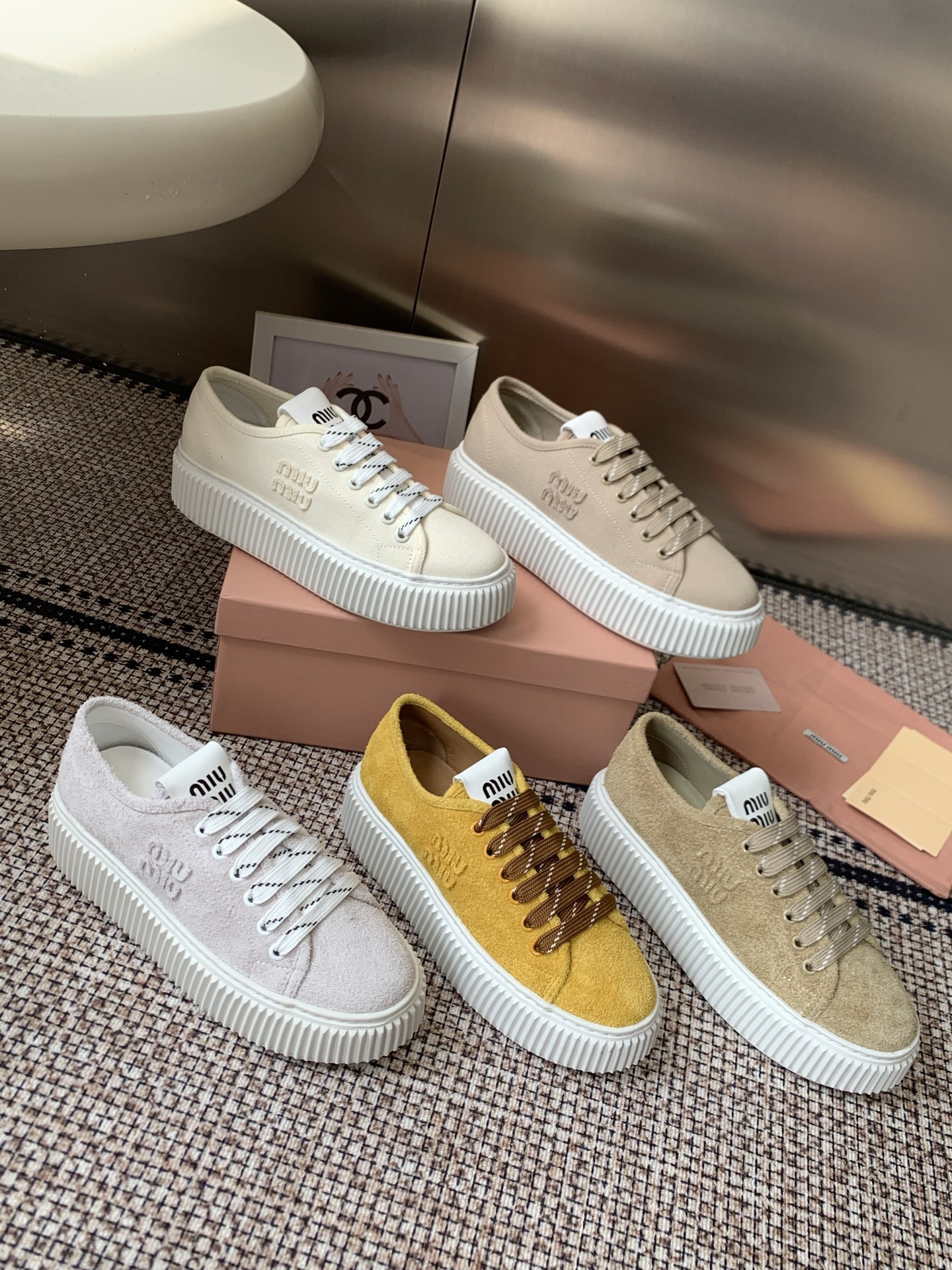 Miu Miu Suede Embossed Logo Platform Sneakers