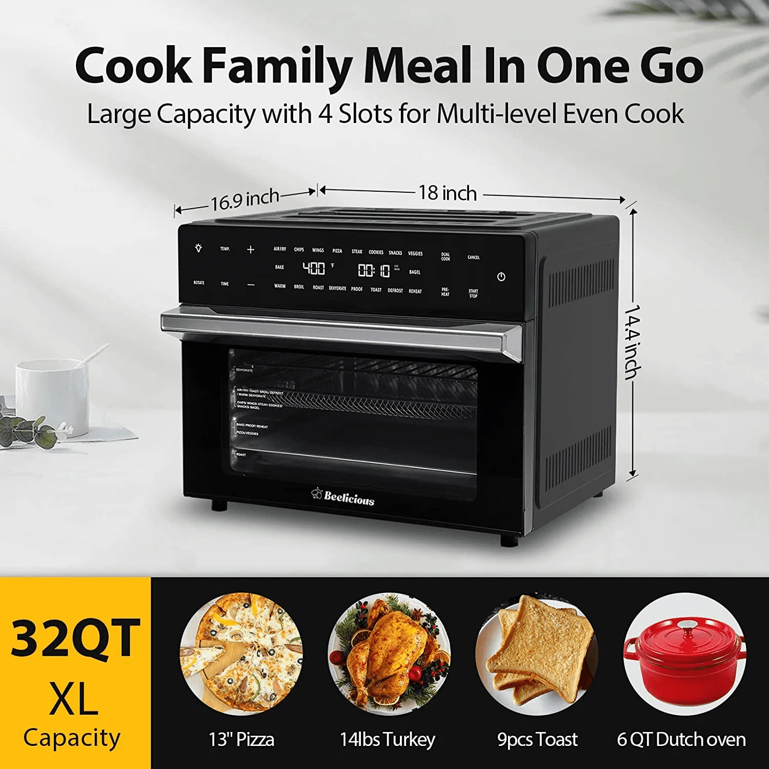 Beelicious? 32QT Extra Large Air Fryer Toaster Ovens Pro, with Rotisserie and Dehydrator, Smart Digital Toaster Oven Air Fryer Combo, Digital Countertop Convection Oven, 6 Accessories, 1800w, Black