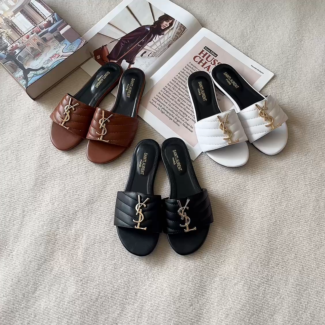YSL 26P Embroidered Letter Flat Sandals