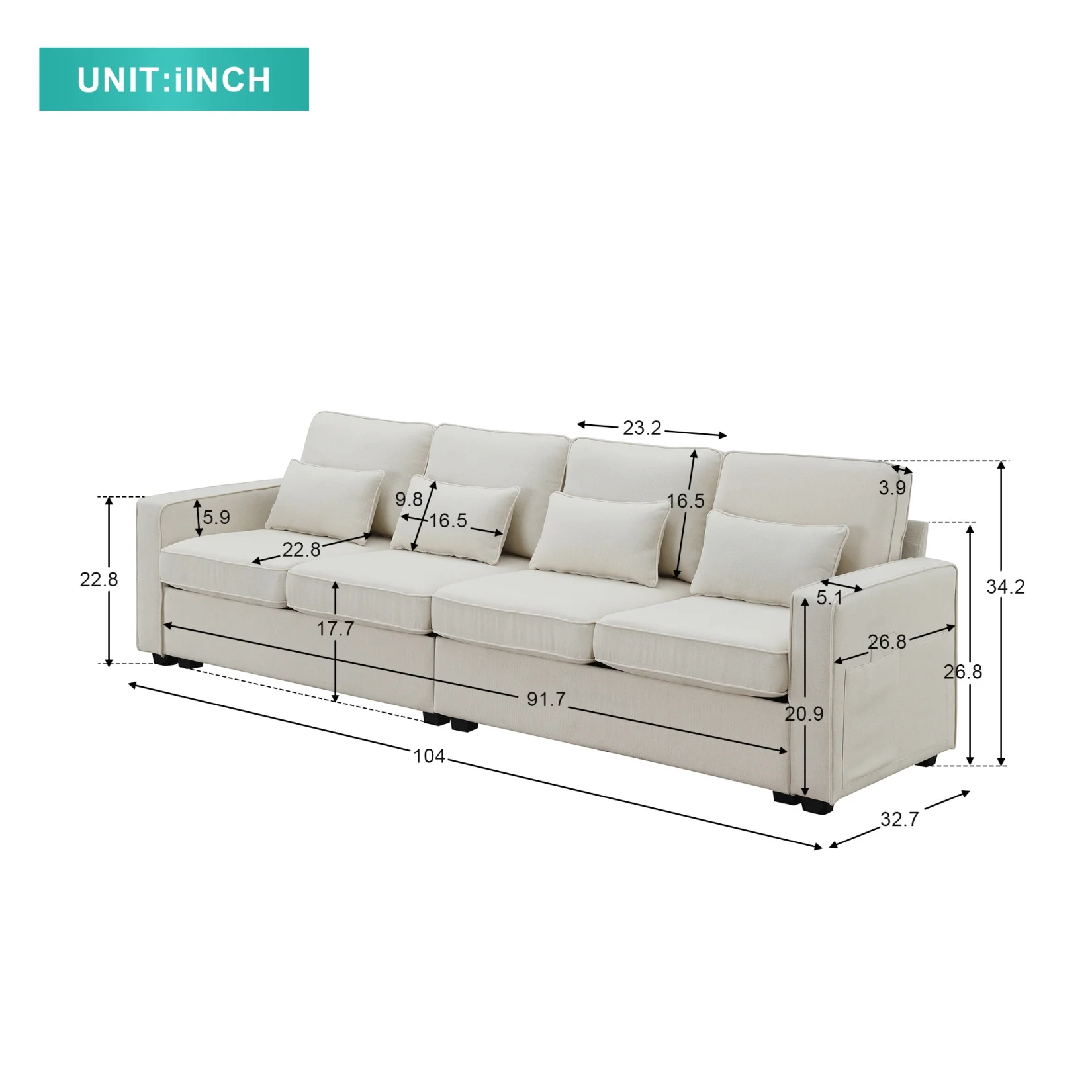 Upholstered Sofa with Storage Pockets and Padded Seat, 4-Seater Linen Fabric Sofa with High-Density Sponge and Backrest, Sleeper Sofa with Armrest for Living Room, Weight Capacity 330lbs
