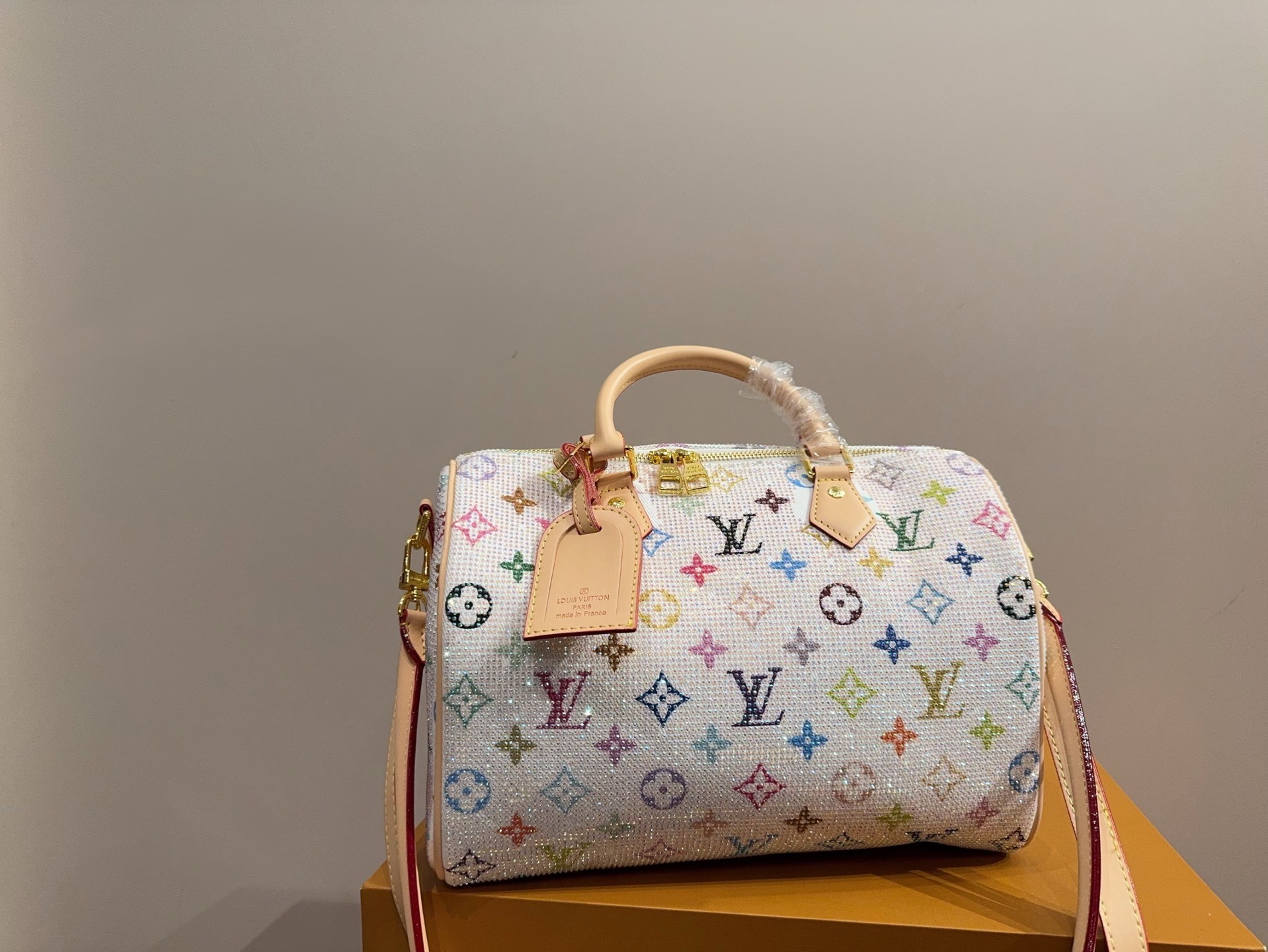 LV x TM LV Speedy 30 Full White Crystal Multicolore Boston Top Handle Bag