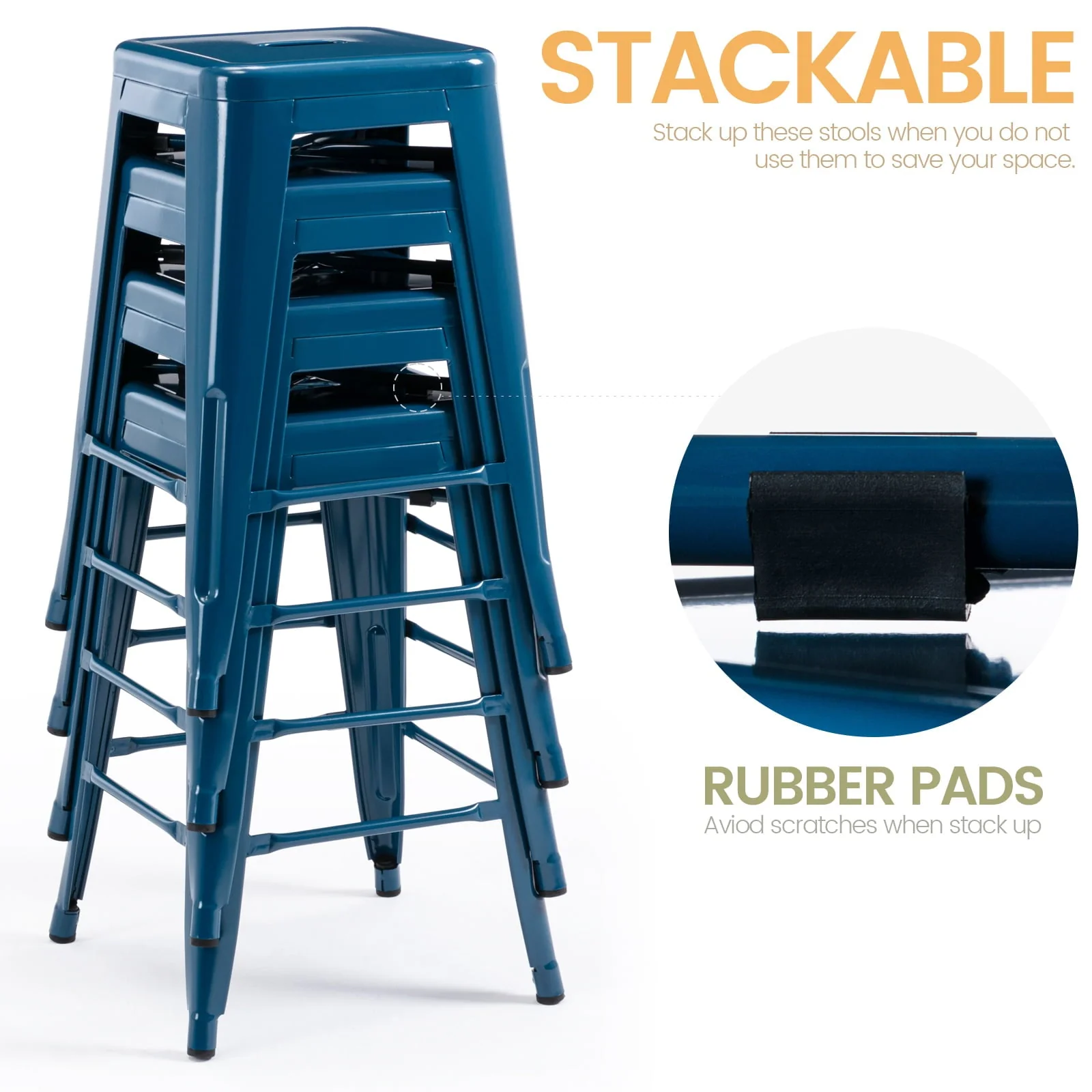 Brage Living Blue Backless Metal Bar Stools Indoor-Outdoor Counter Height Stool Backless Stackable Barstools Kitchen Counter Stools Chairs, Set of 4