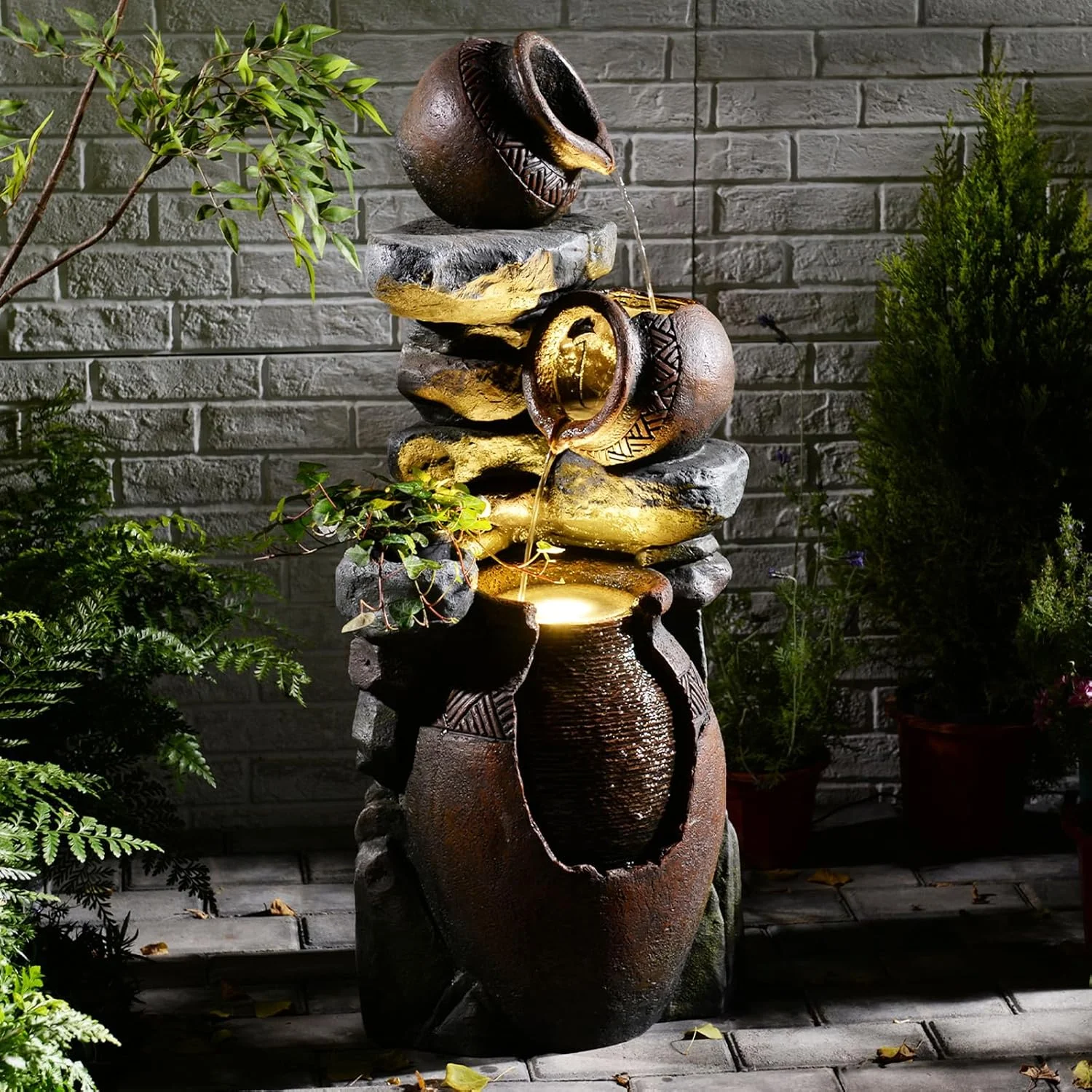 Garden Water Fountain Outdoor Decor - 38.4" 3 Tier Standing Cascading Waterfall Outdoor Water Fountain with LED Lights & Pumps,Natural Design for Garden,Patio, Porch, Backyard, Home Art Decor