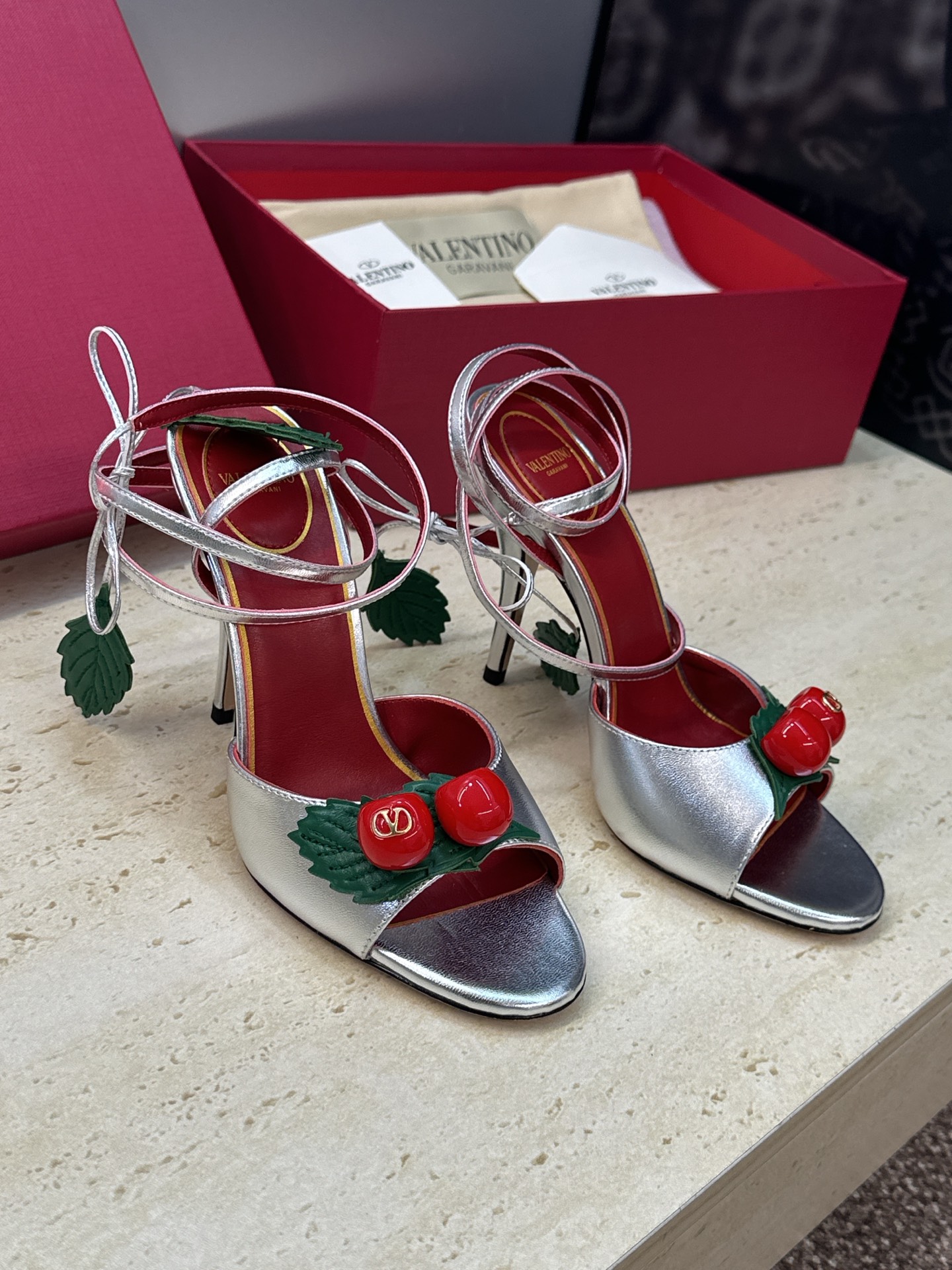 Valentino Garavani Silver Cherry Leather Leaf Charm Metallic Leather Stiletto Toe Heel Sandals