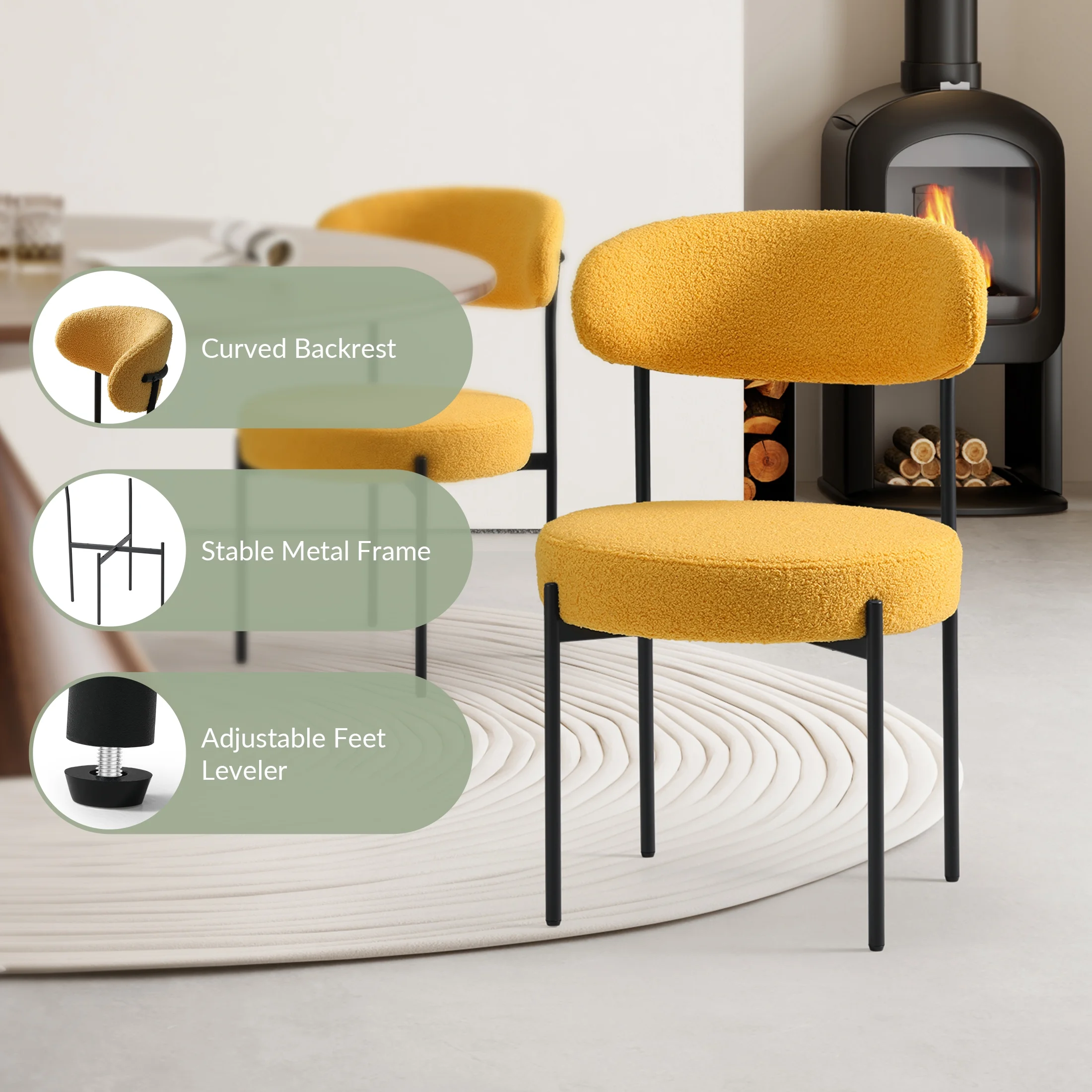 WestinTrends Alexandria Mid-Century Modern Upholstered Sherpa Round Dining Chairs (Set of 4), Sunset Gold