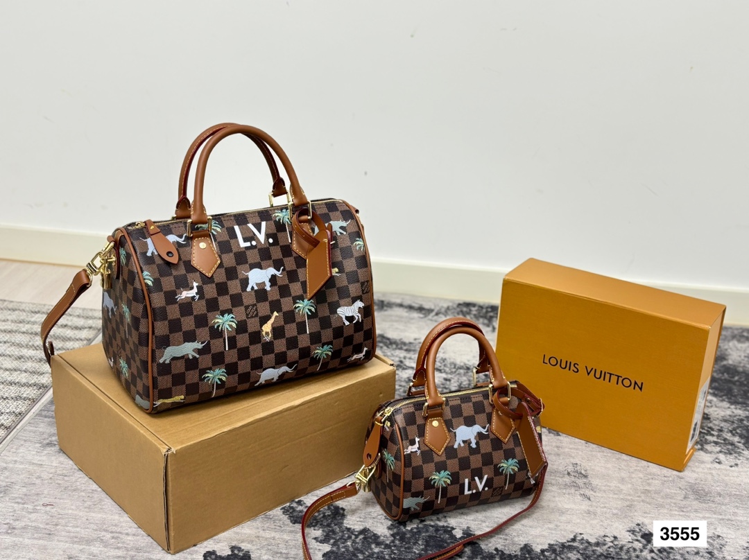 LV Speedy 20/30 Damier Ebene Safari Jungle Animal Printed Boston Top Handle Bag