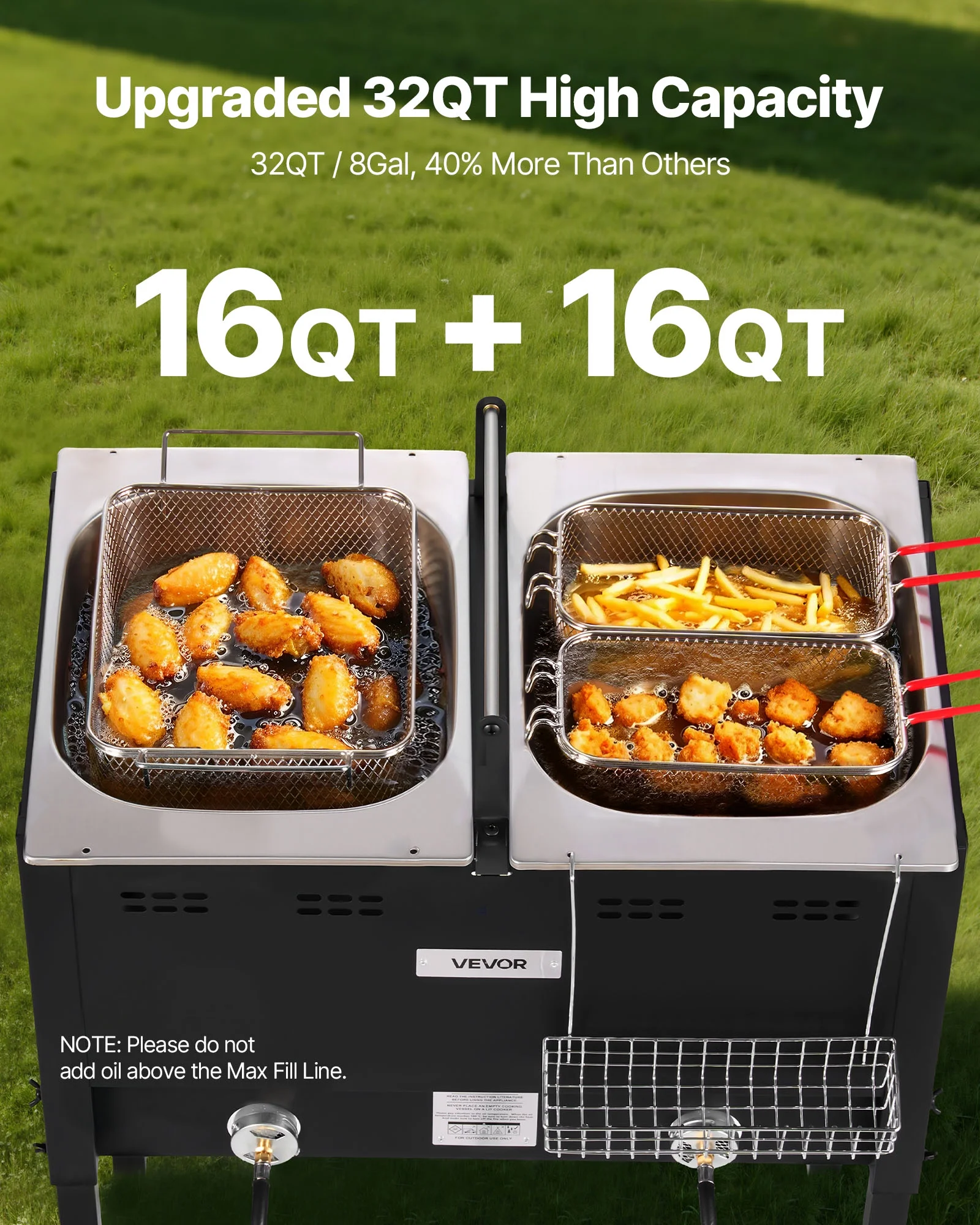 VEVOR Outdoor Propane Deep Fryer, Dual-Tank 16QTx2 Large Capacity Commercial Fryer,Stainless Steel Fish Cooker with 3 Basket,Thermometer,Floor Standing Fryers for Catering Event Camping,50,000 BTU