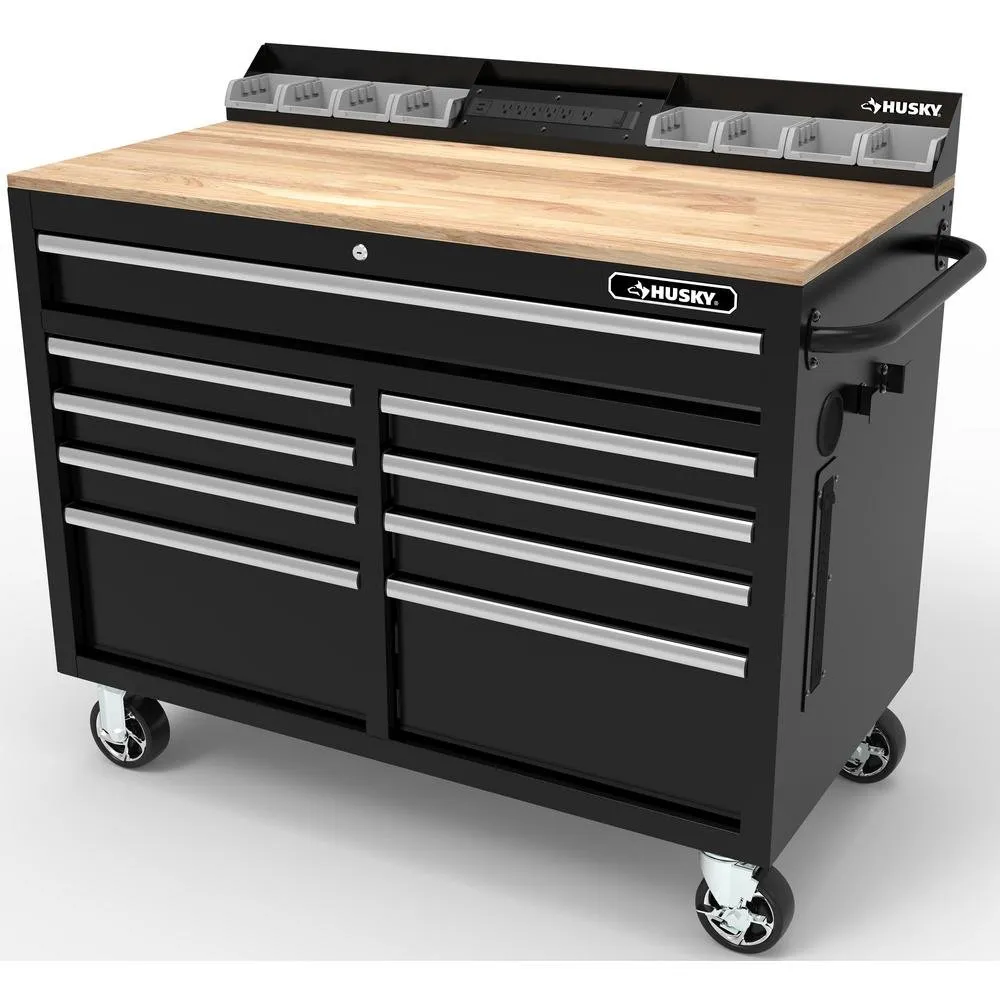 HuskyTool Storage 46 in. W x 24.5 in. D 9-Drawer Gloss Black Deep Tool Chest Mobile Workbench with Hardwood Top and Power Station